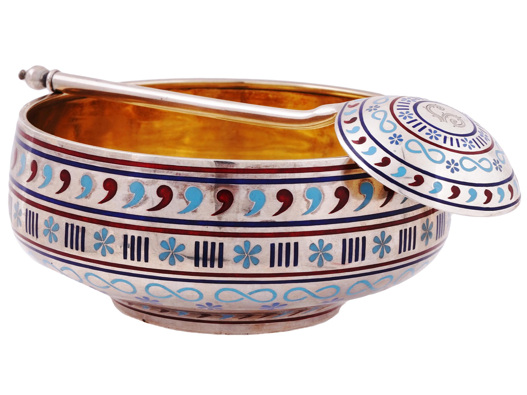 A RUSSIAN SILVER AND CLOISONNE ENAMEL BOWL WITH SPOON, 1887