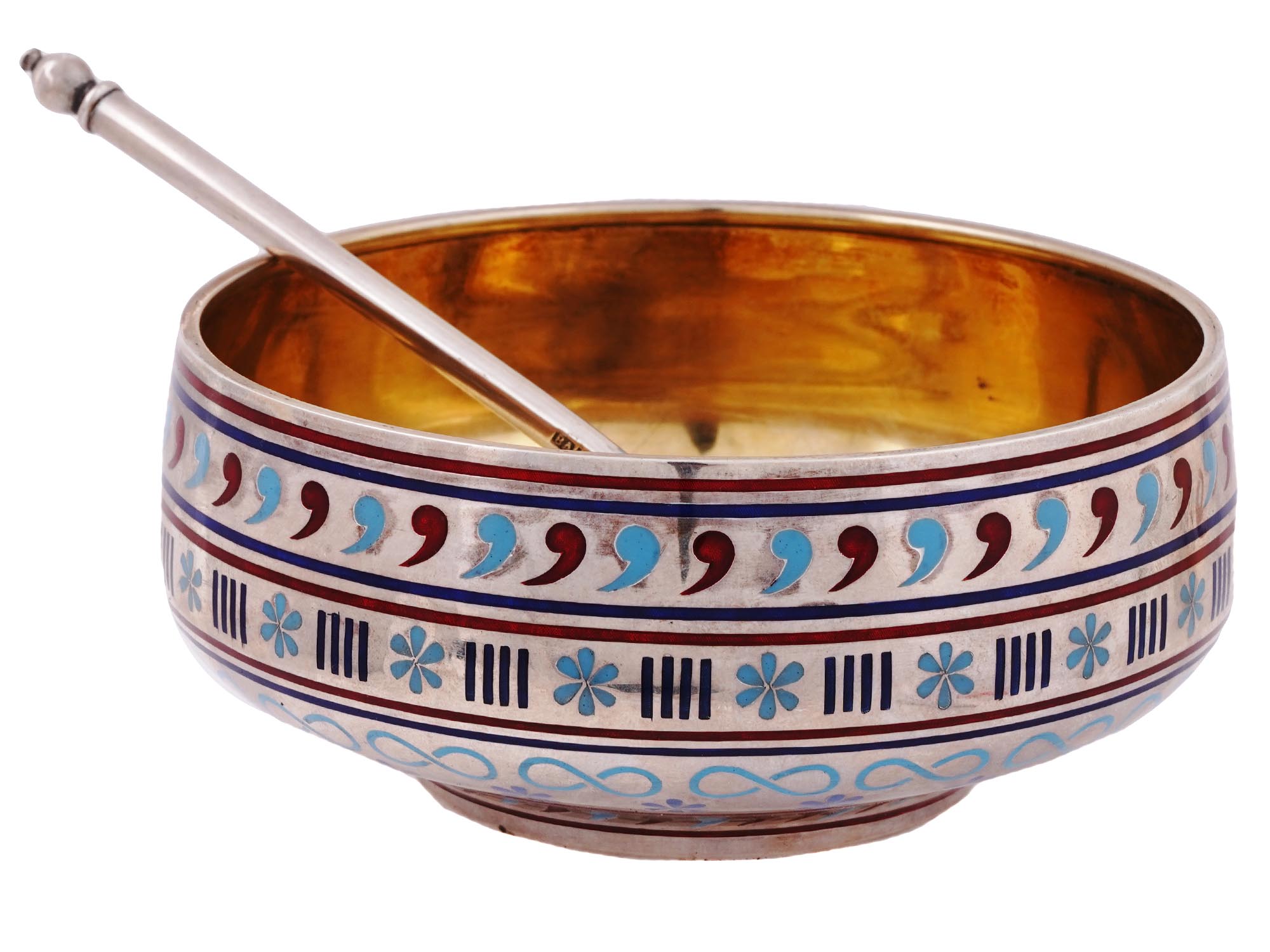 A RUSSIAN SILVER AND CLOISONNE ENAMEL BOWL WITH SPOON, 1887