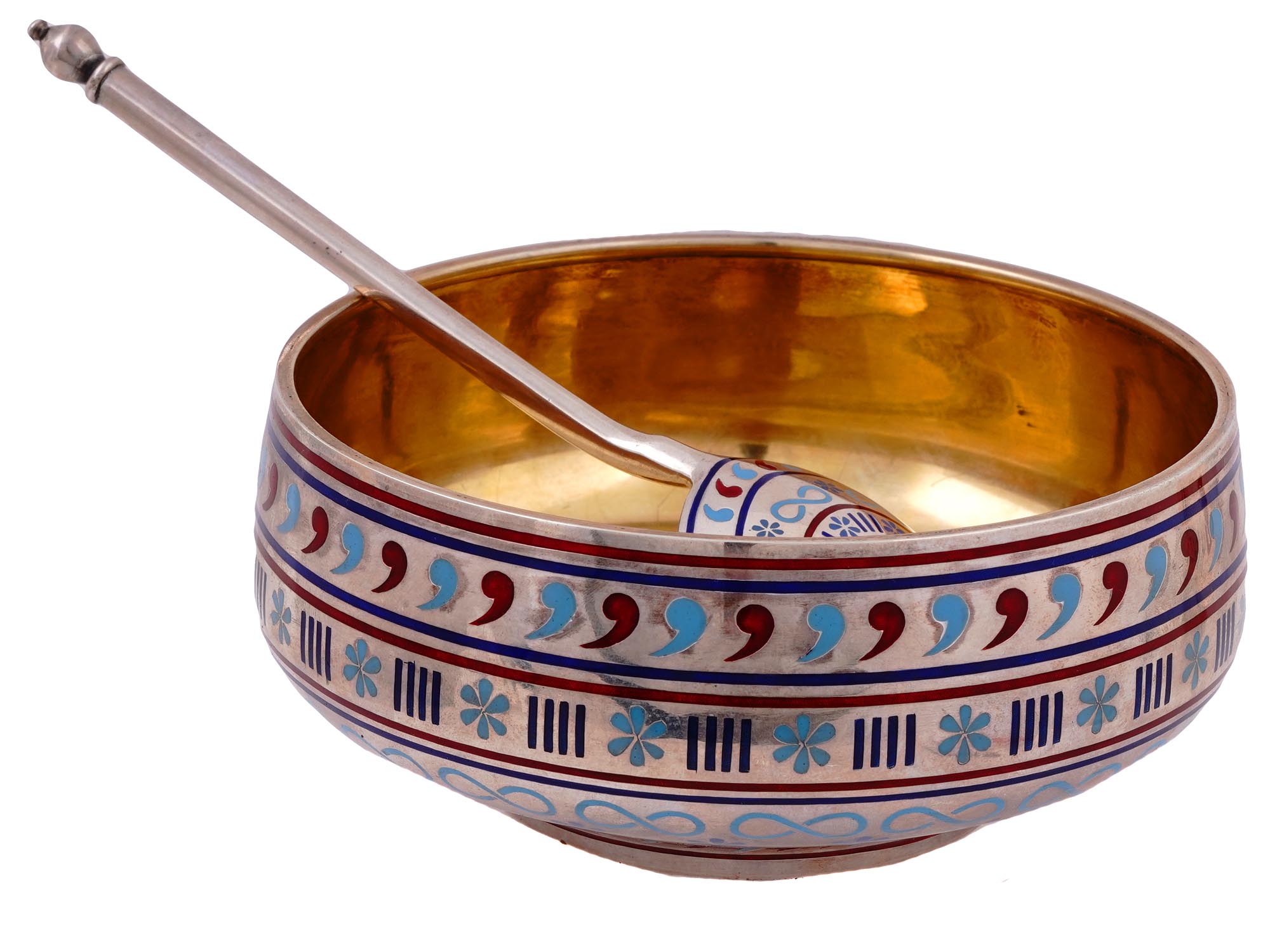 A RUSSIAN SILVER AND CLOISONNE ENAMEL BOWL WITH SPOON, 1887
