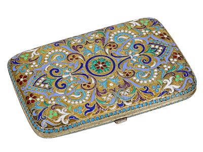 A RUSSIAN GILT-SILVER AND CLOISONNE ENAMEL CIGARETTE CASE, 1893. Moscow, 1893. Of rectangular 