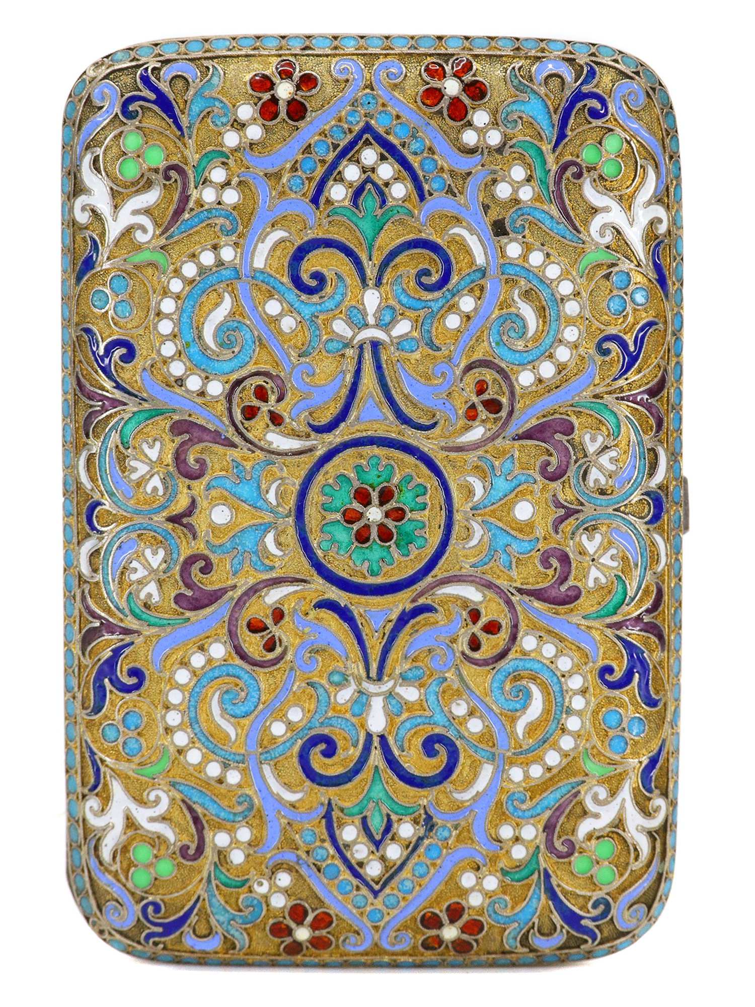 A RUSSIAN GILT-SILVER AND CLOISONNE ENAMEL CIGARETTE CASE, 1893