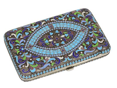 A RUSSIAN GILT-SILVER AND CLOISONNE ENAMEL CIGARETTE CASE, CA. 1880. Russian cigarette case with 
