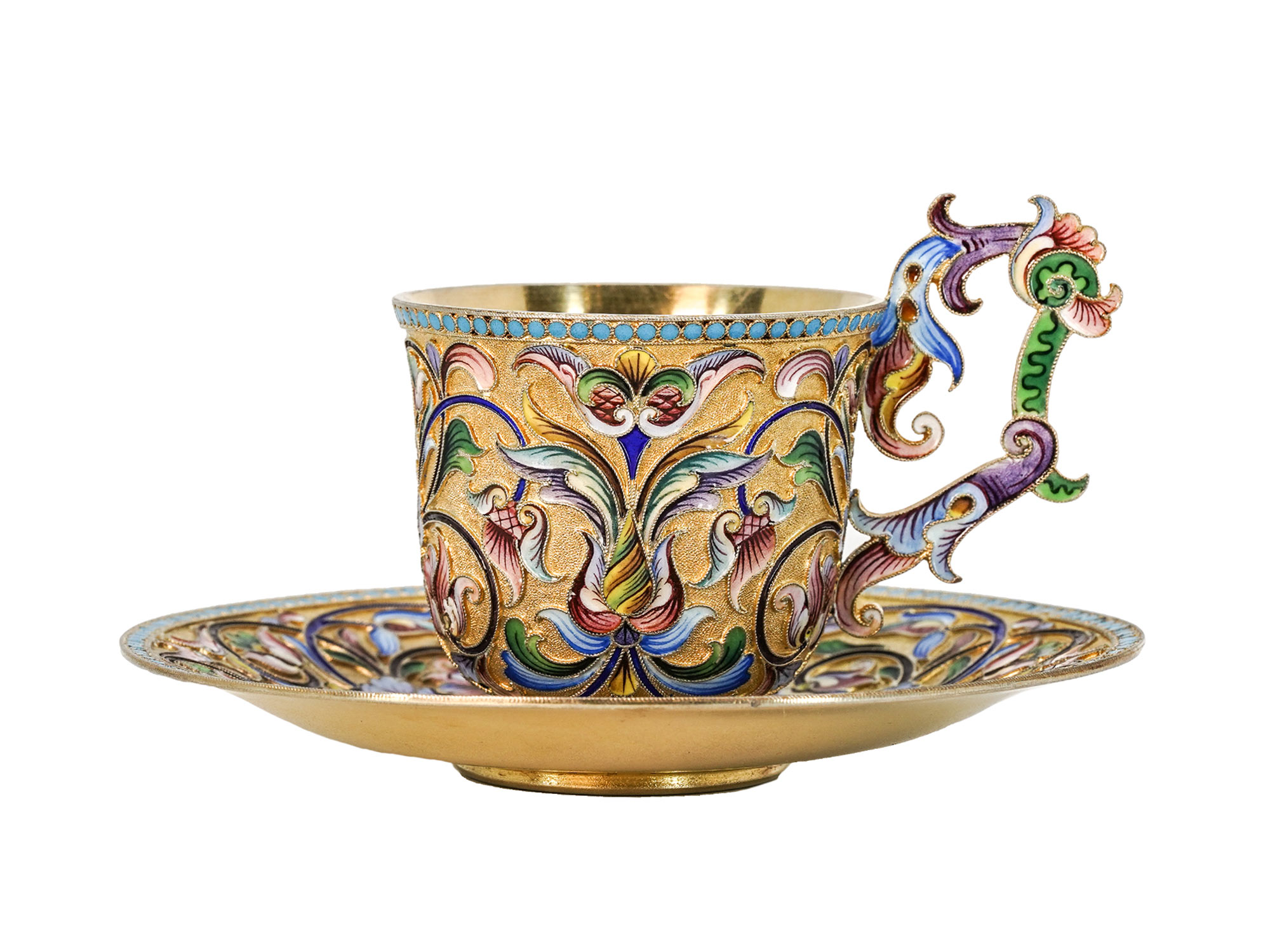 A RUSSIAN SILVER & CLOISONNE ENAMEL CUP AND SAUCER BY M. SEMENOVA, 1908-17