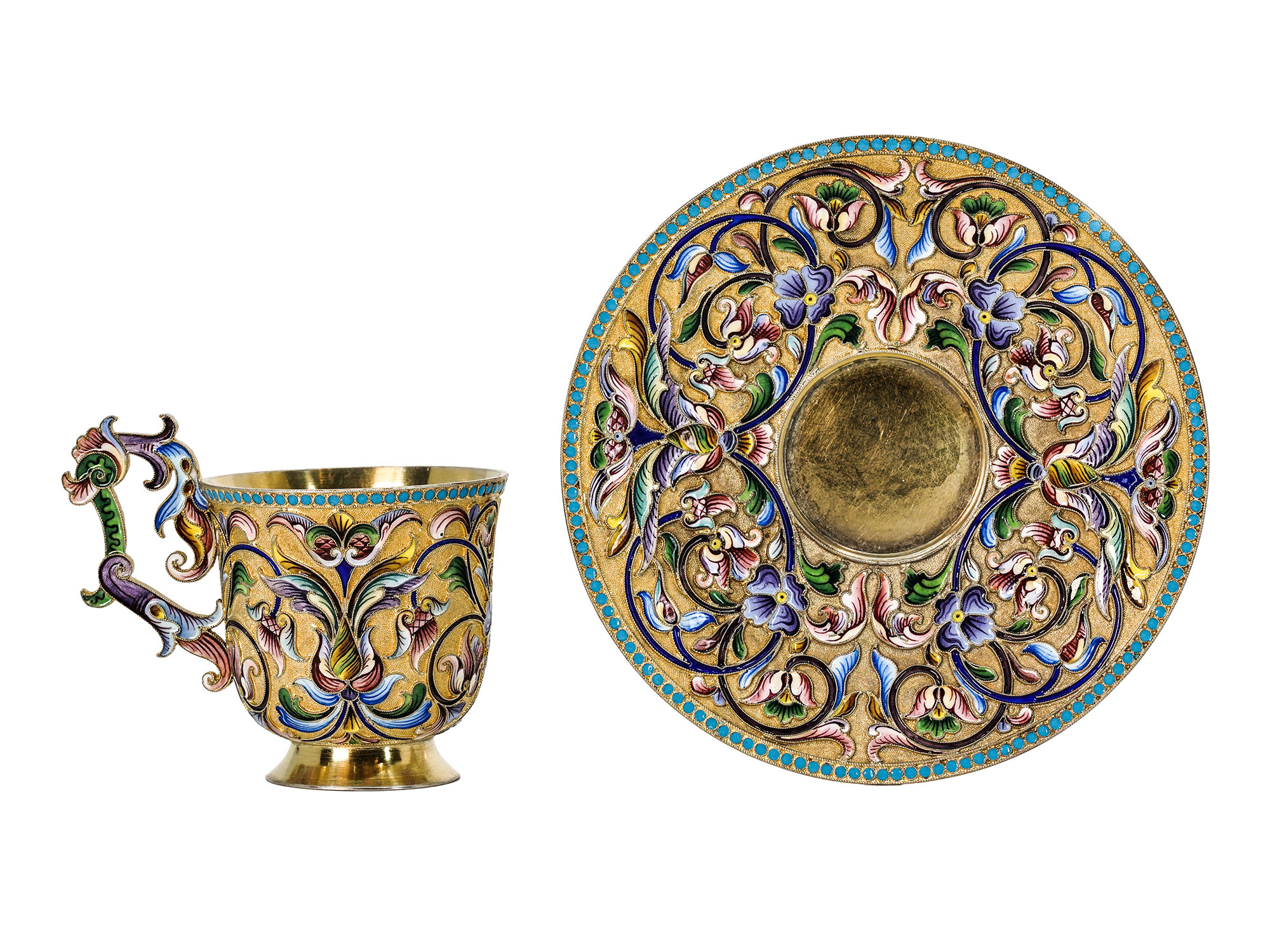 A RUSSIAN SILVER & CLOISONNE ENAMEL CUP AND SAUCER BY M. SEMENOVA, 1908-17