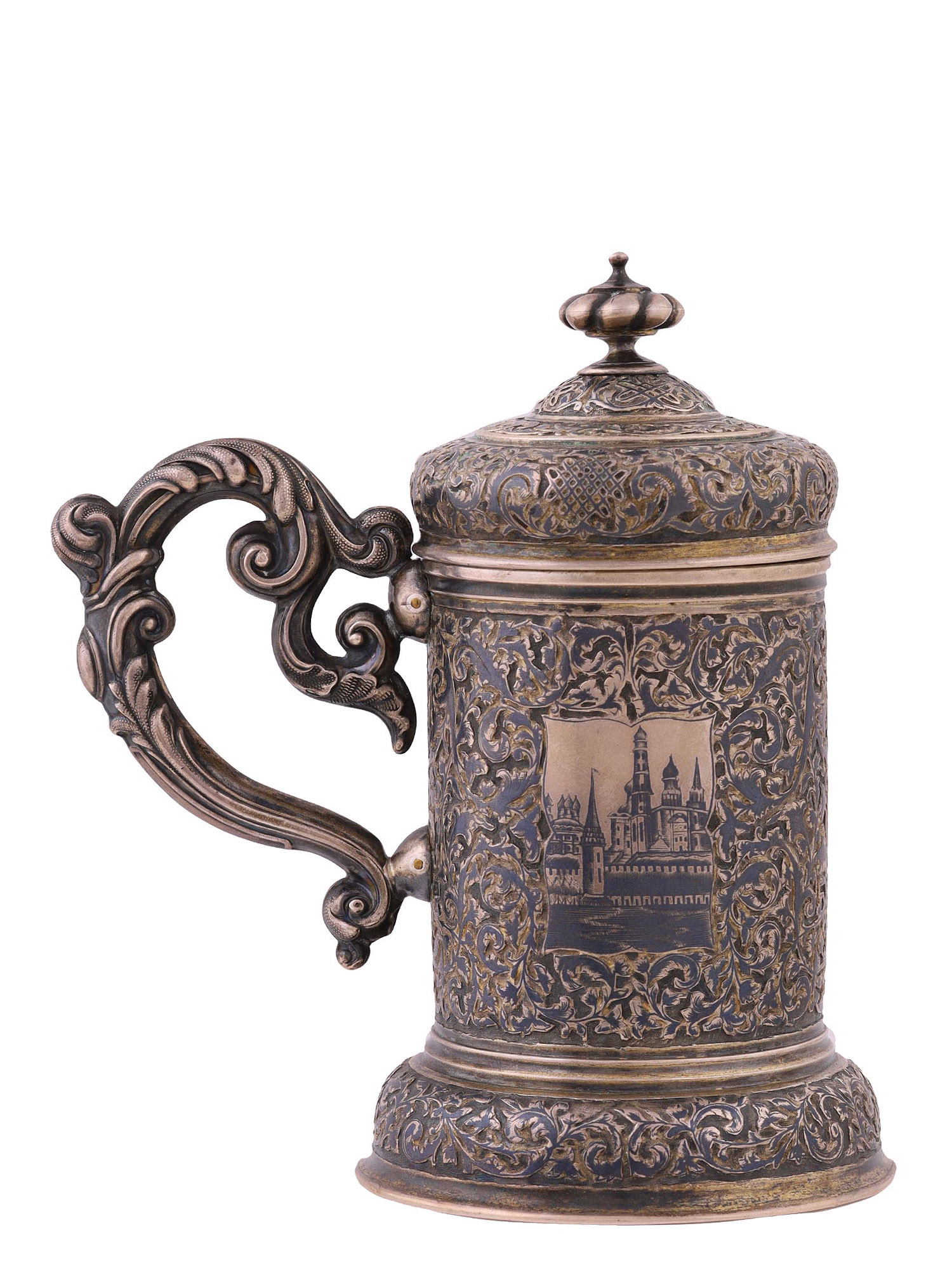 A RUSSIAN ENGRAVED GILT-SILVER AND NIELLO LIDDED TANKARD, 1850