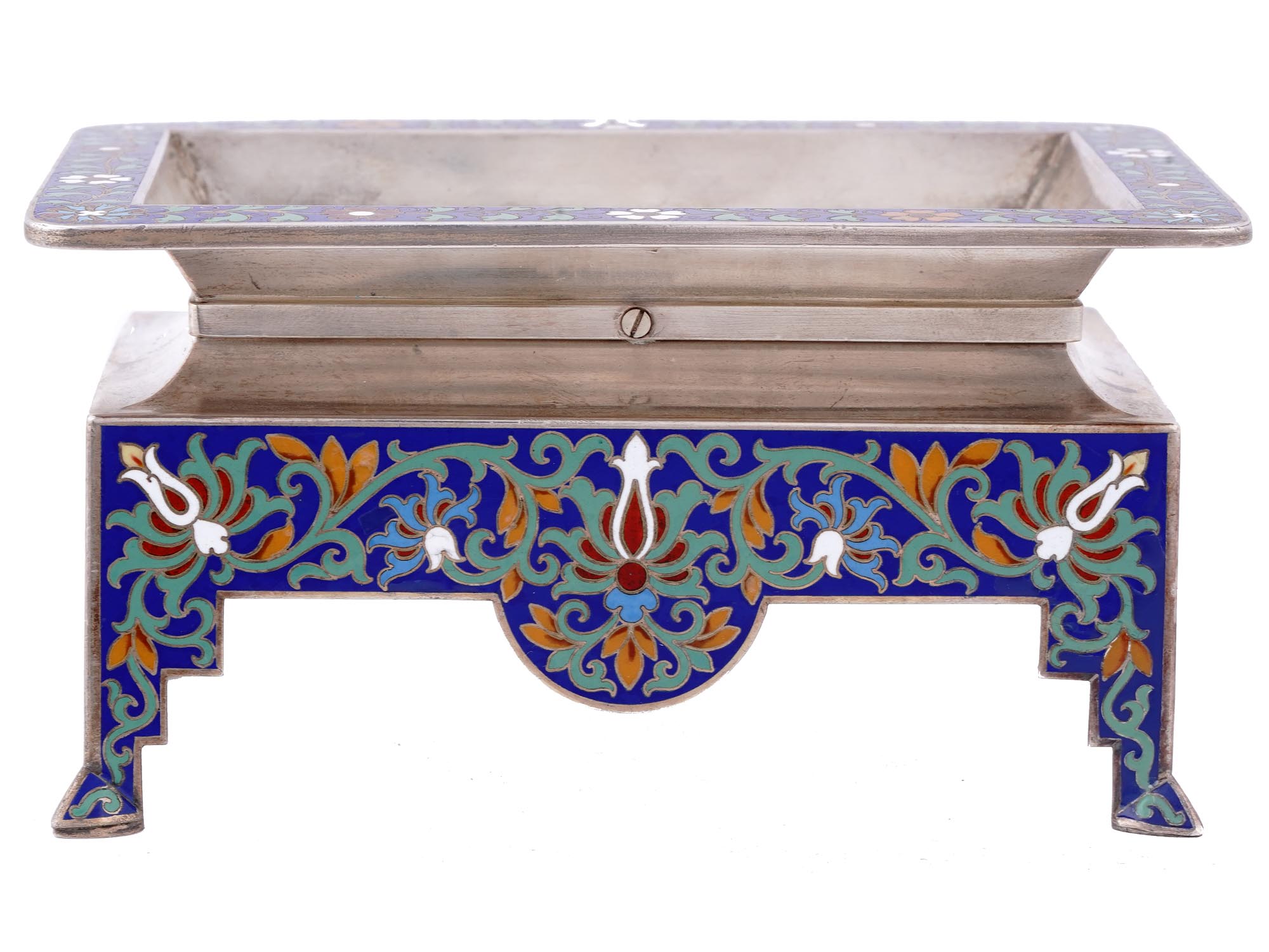 A RUSSIAN SILVER AND CLOISONNE ENAMEL CARD TRAY, 1882-1899