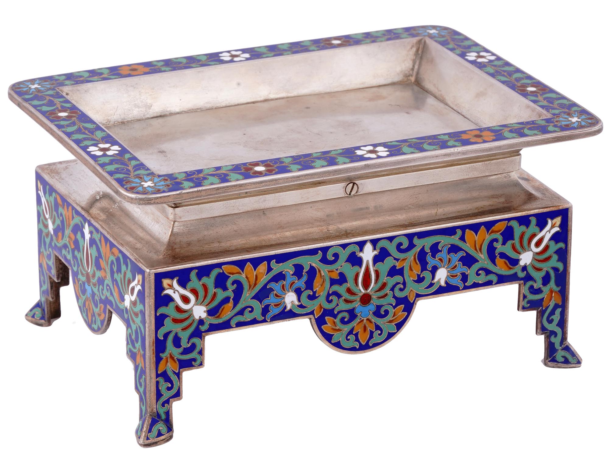 A RUSSIAN SILVER AND CLOISONNE ENAMEL CARD TRAY, 1882-1899