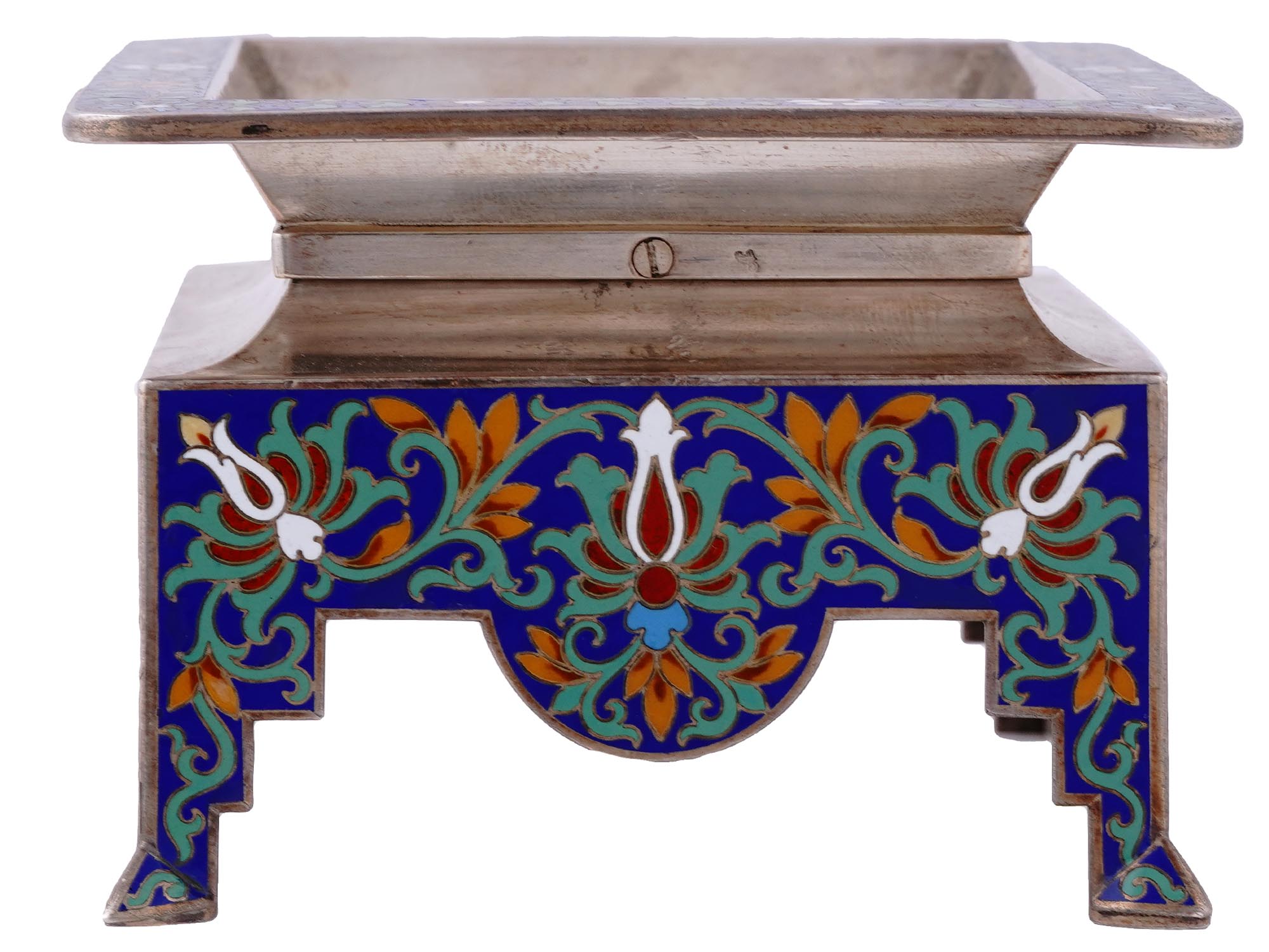 A RUSSIAN SILVER AND CLOISONNE ENAMEL CARD TRAY, 1882-1899