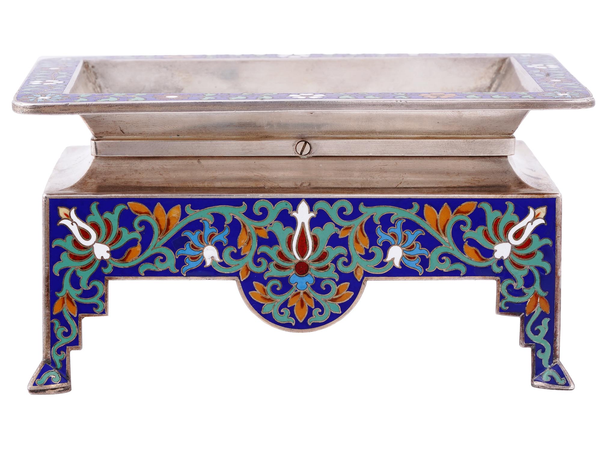 A RUSSIAN SILVER AND CLOISONNE ENAMEL CARD TRAY, 1882-1899