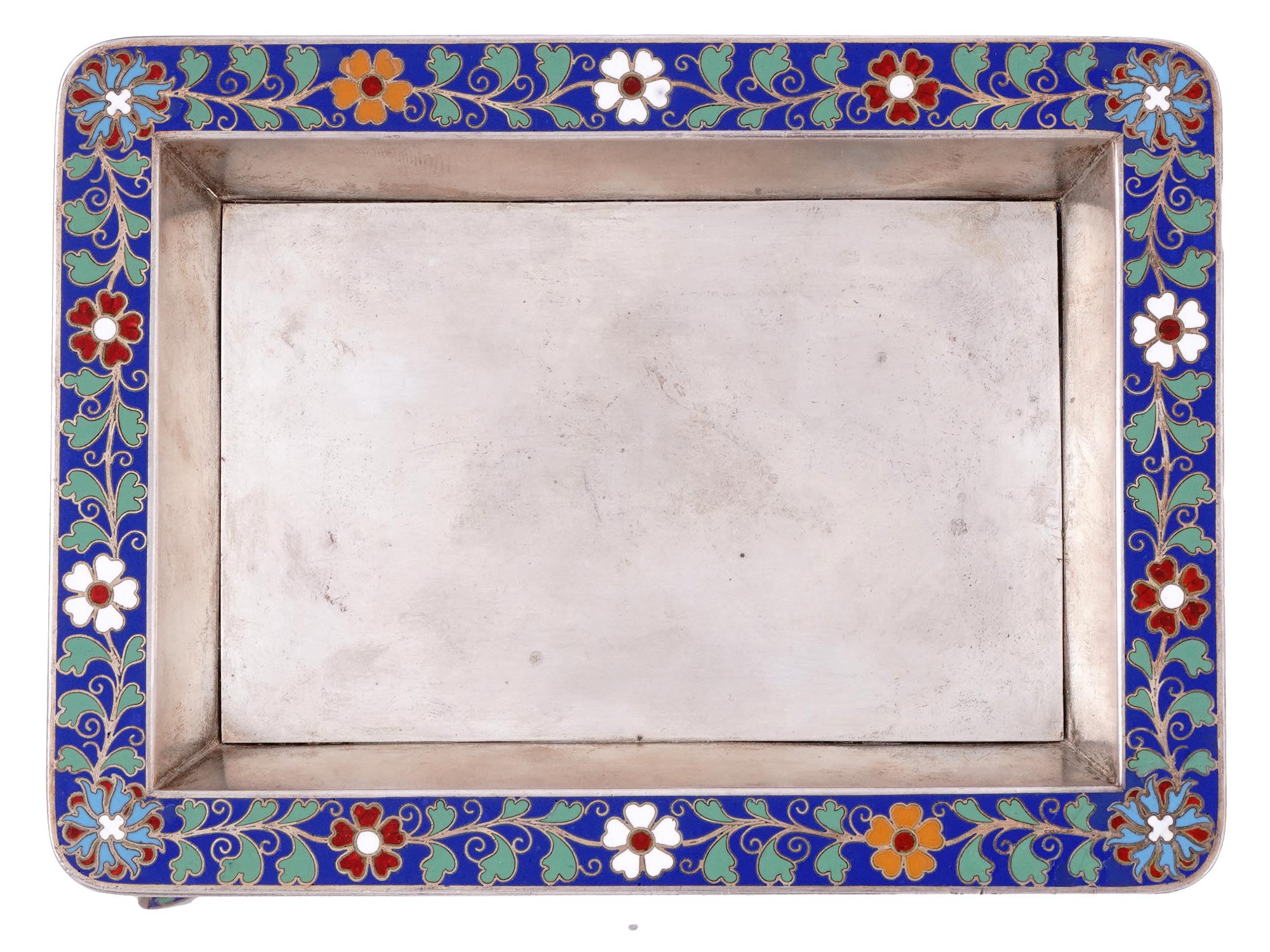A RUSSIAN SILVER AND CLOISONNE ENAMEL CARD TRAY, 1882-1899