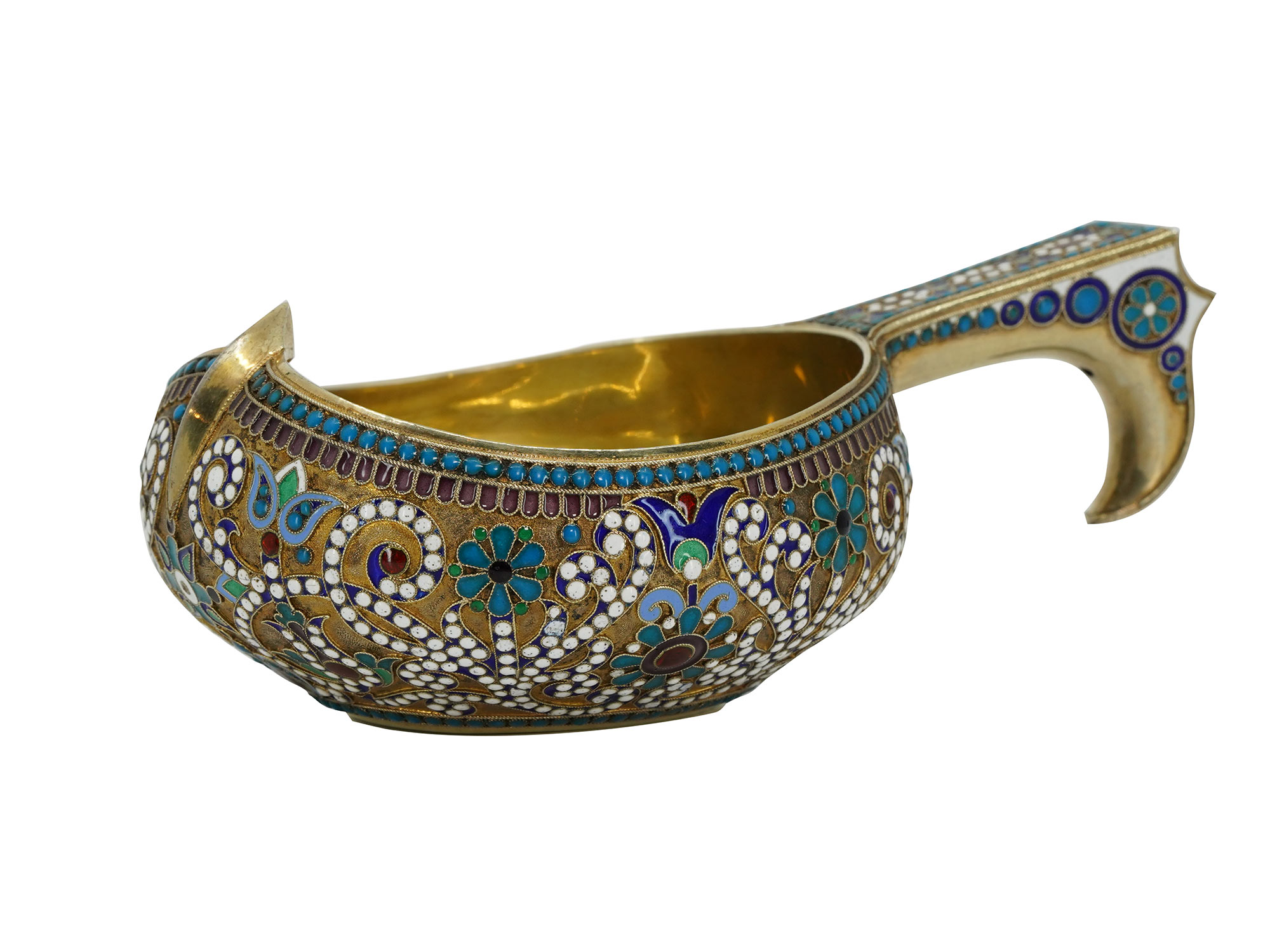 A RUSSIAN GILT-SILVER AND CLOISONNE ENAMEL KOVSH, CIRCA 1897