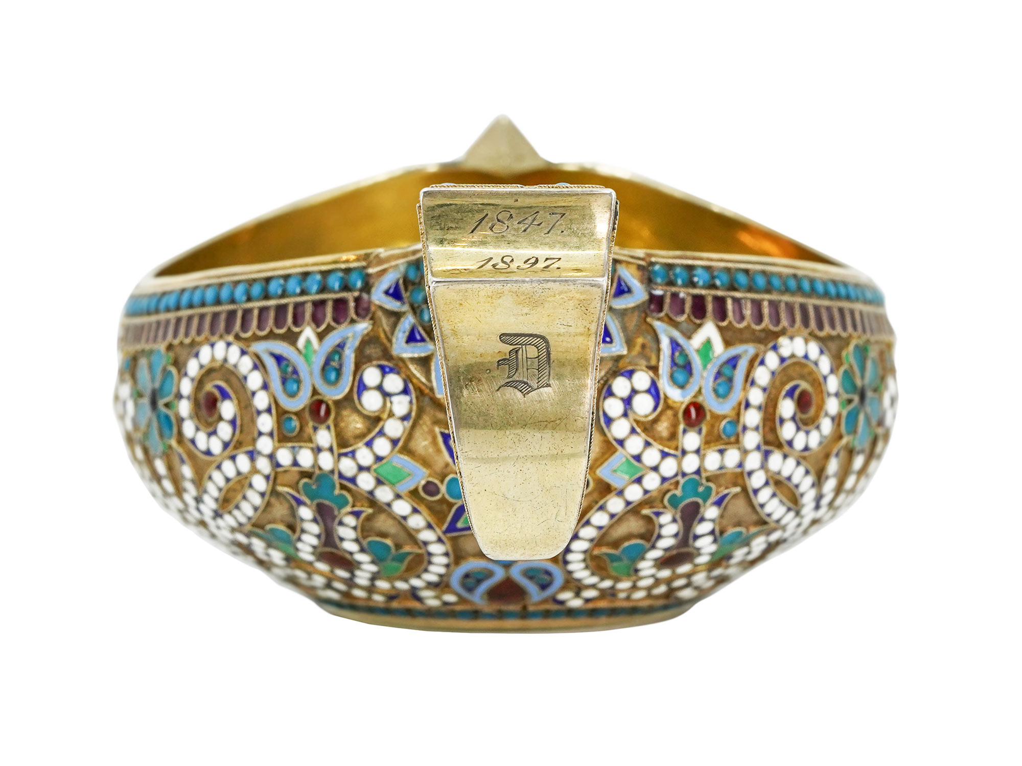 A RUSSIAN GILT-SILVER AND CLOISONNE ENAMEL KOVSH, CIRCA 1897