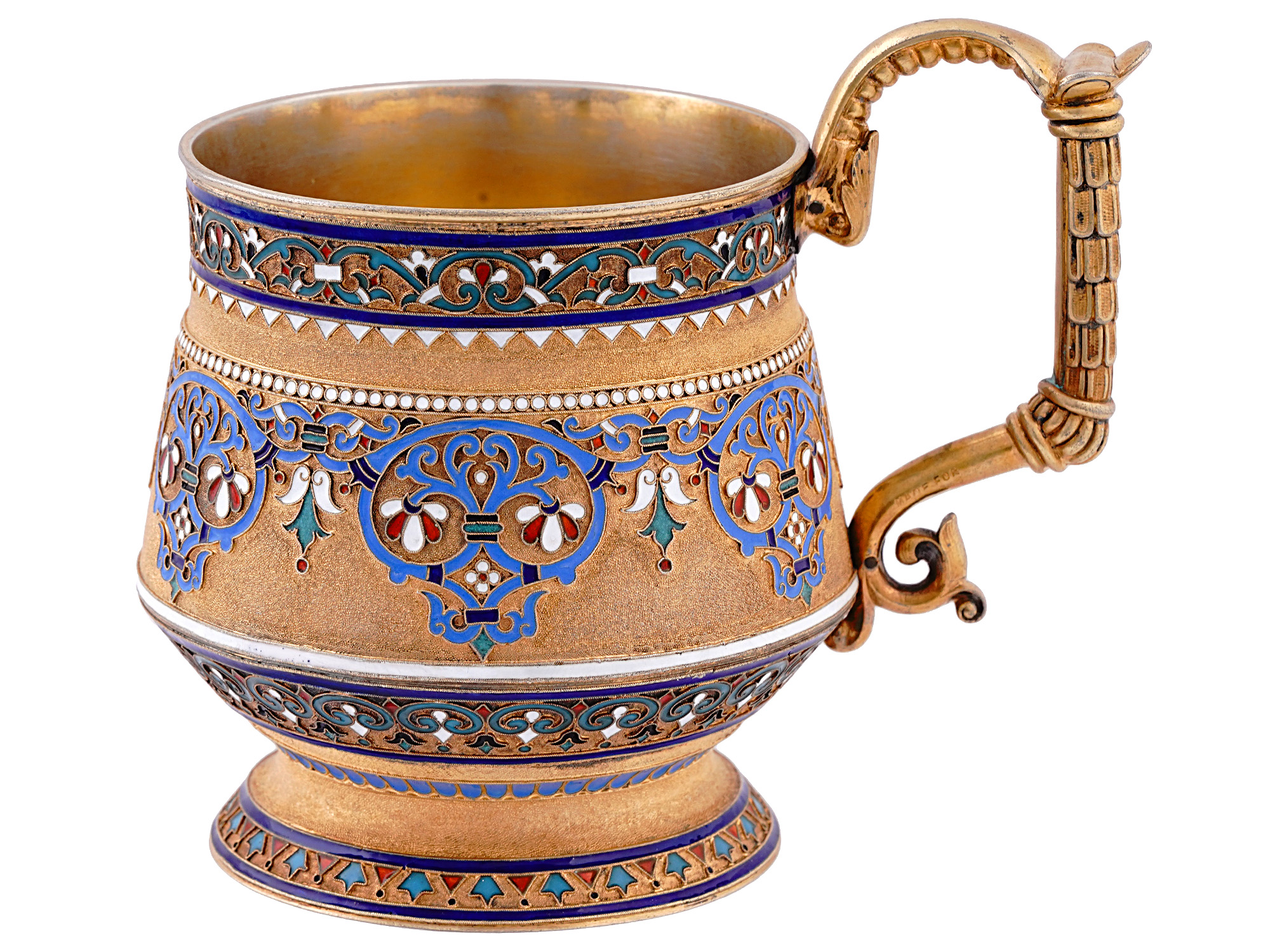 A RUSSIAN GILT-SILVER AND CLOISONNE ENAMEL CHOCOLATE CUP, 1887