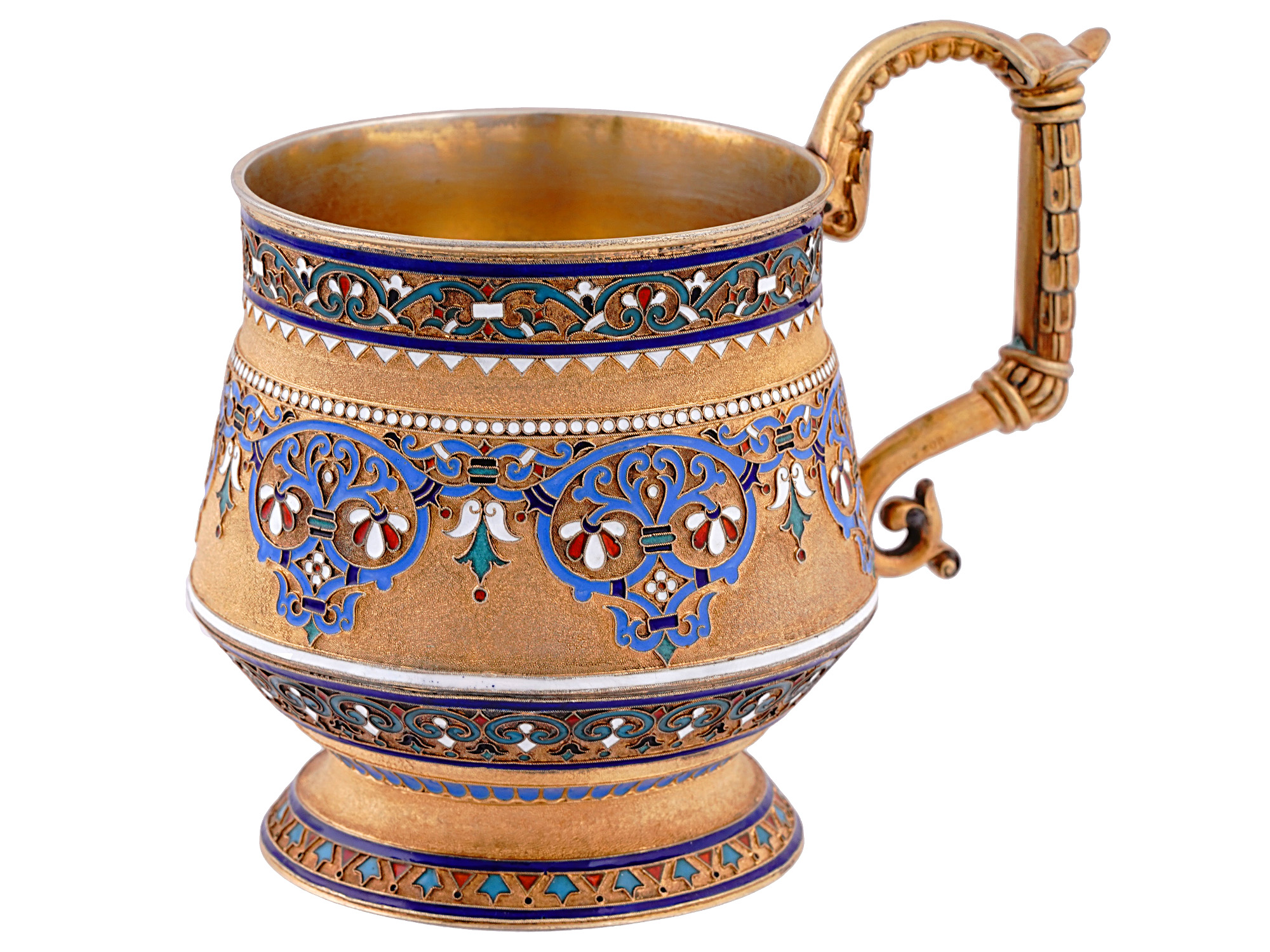 A RUSSIAN GILT-SILVER AND CLOISONNE ENAMEL CHOCOLATE CUP, 1887