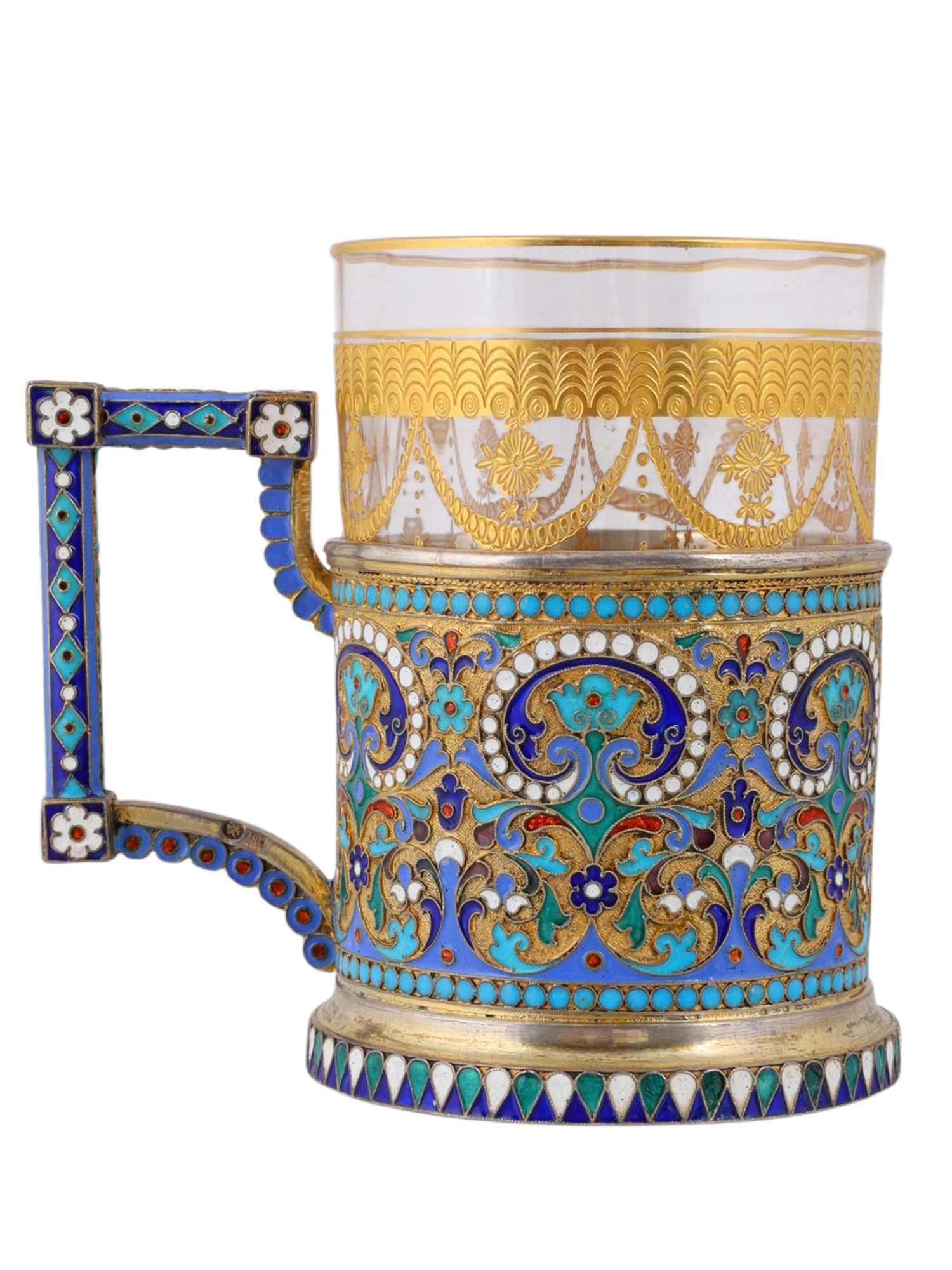 A CASED GILT-SILVER AND CLOISONNE ENAMEL TEAGLASS HOLDER, 1896 BY OVCHINNIKOV