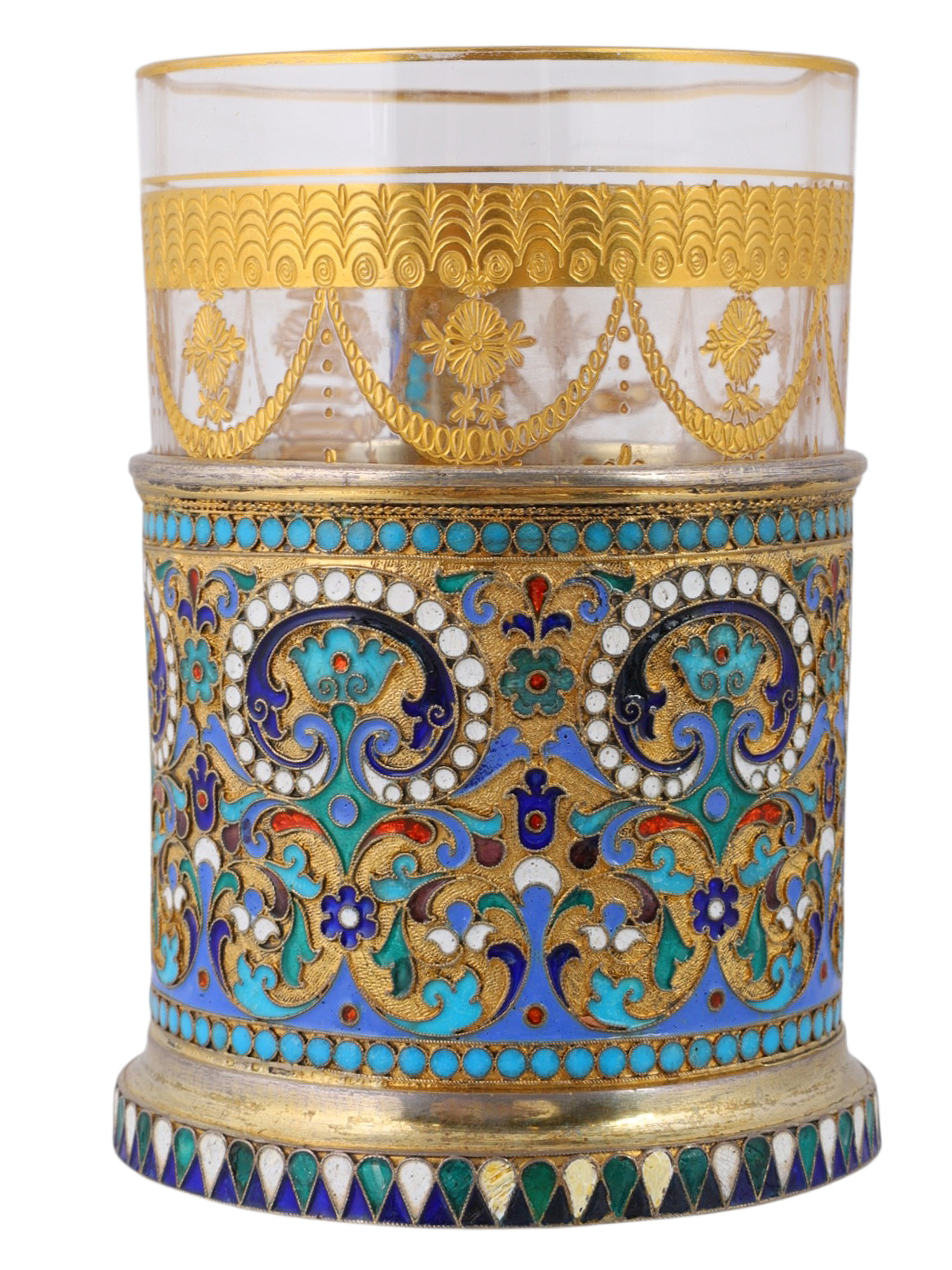 A CASED GILT-SILVER AND CLOISONNE ENAMEL TEAGLASS HOLDER, 1896 BY OVCHINNIKOV