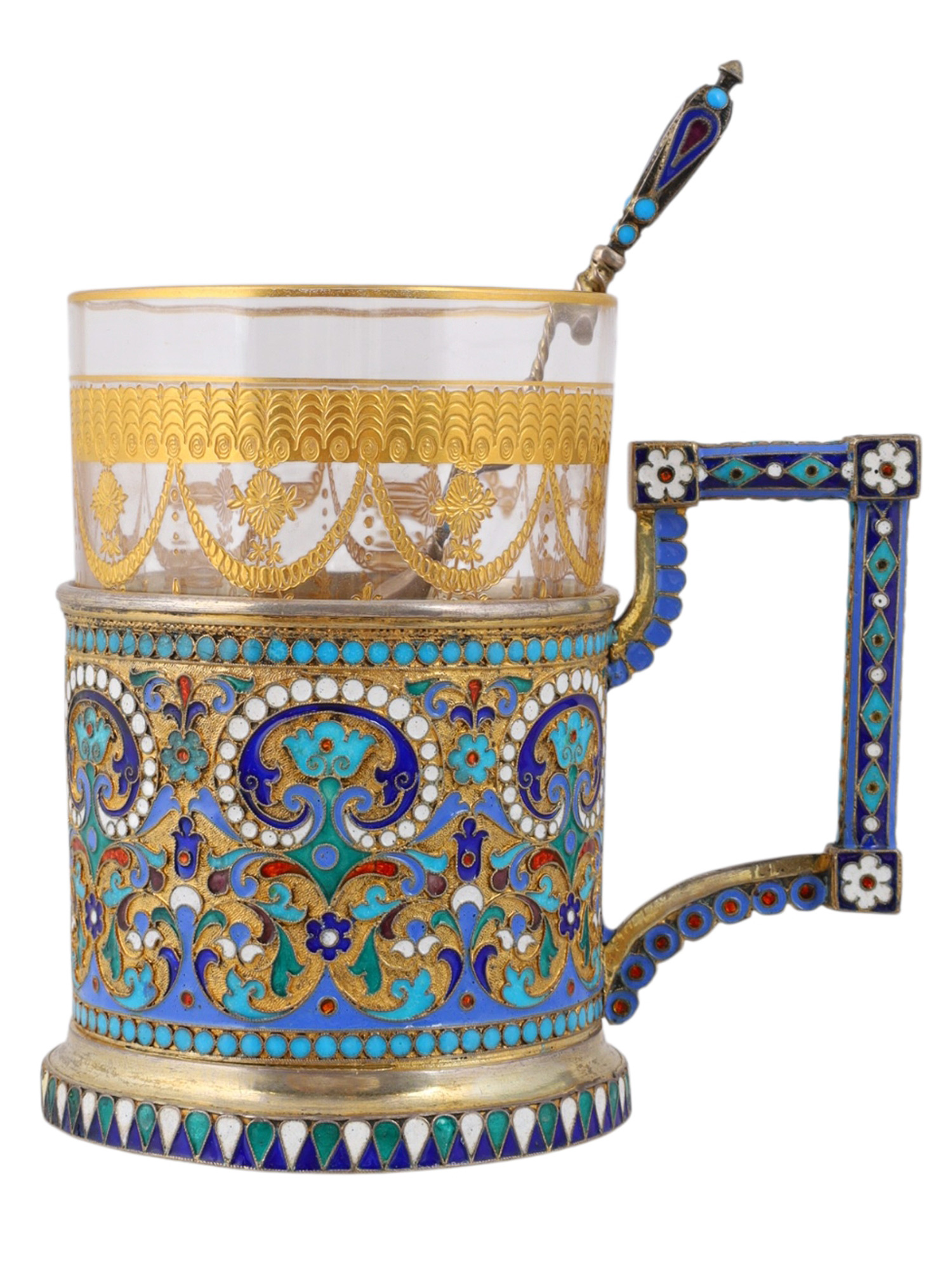 A CASED GILT-SILVER AND CLOISONNE ENAMEL TEAGLASS HOLDER, 1896 BY OVCHINNIKOV