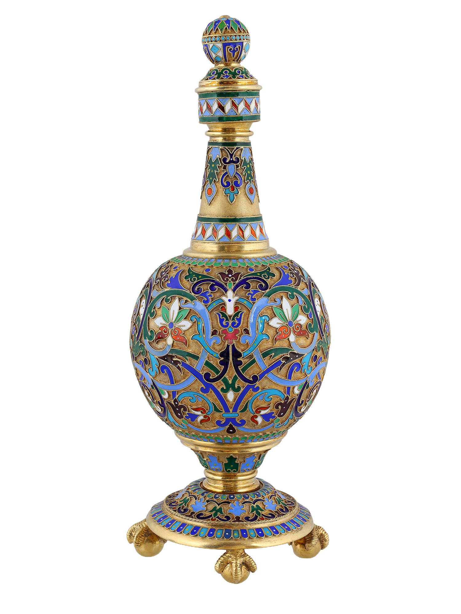 A RUSSIAN GILT SILVER AND CLOISONNE ENAMEL LIDDED BOTTLE, 1879