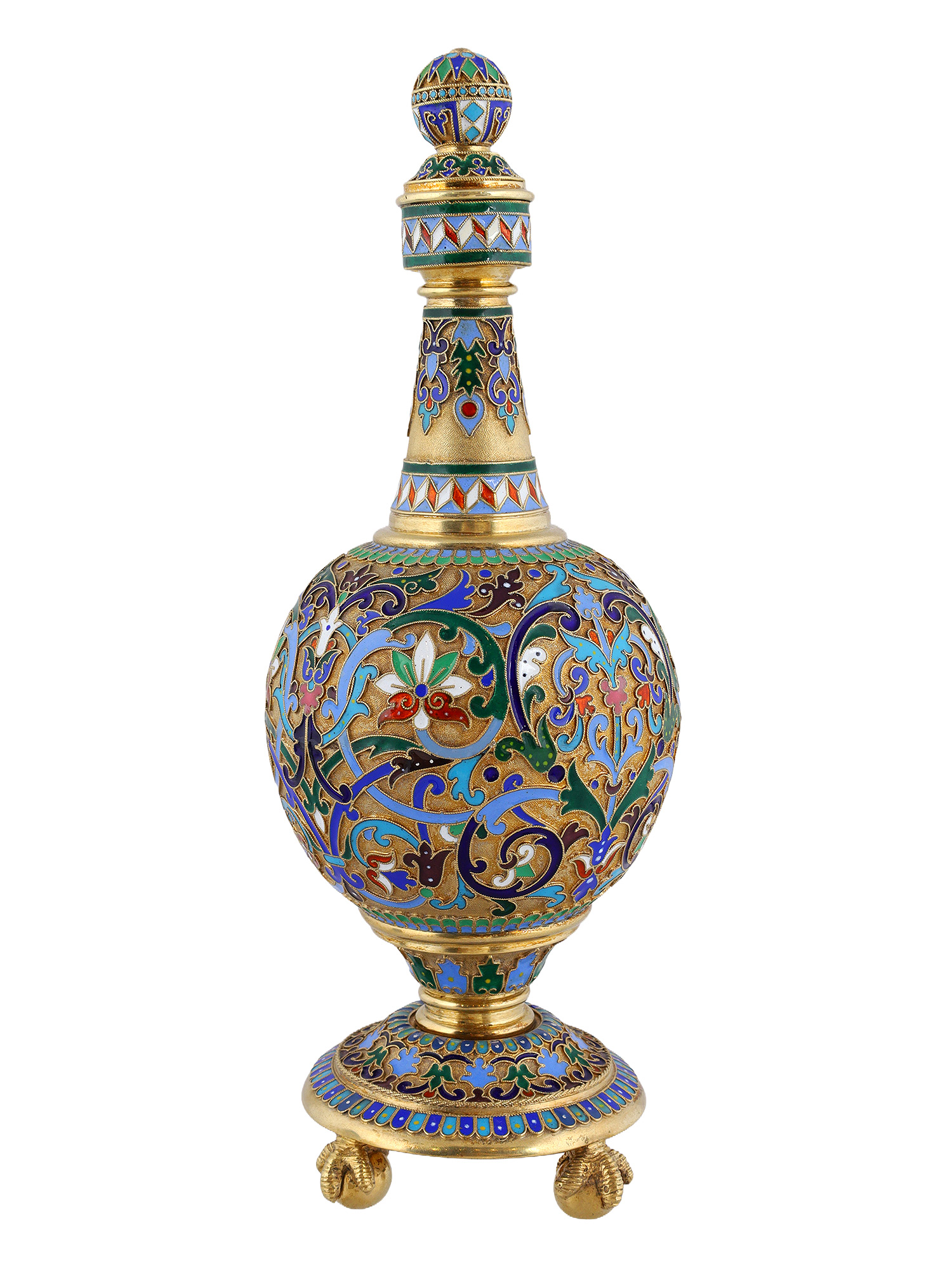 A RUSSIAN GILT SILVER AND CLOISONNE ENAMEL LIDDED BOTTLE, 1879