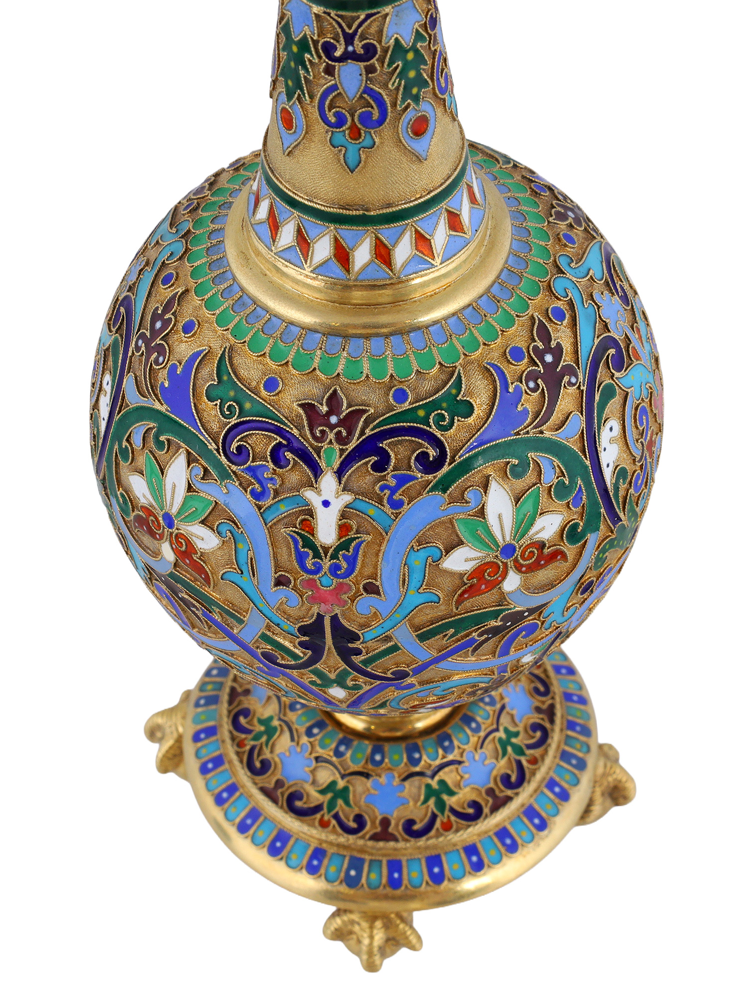 A RUSSIAN GILT SILVER AND CLOISONNE ENAMEL LIDDED BOTTLE, 1879