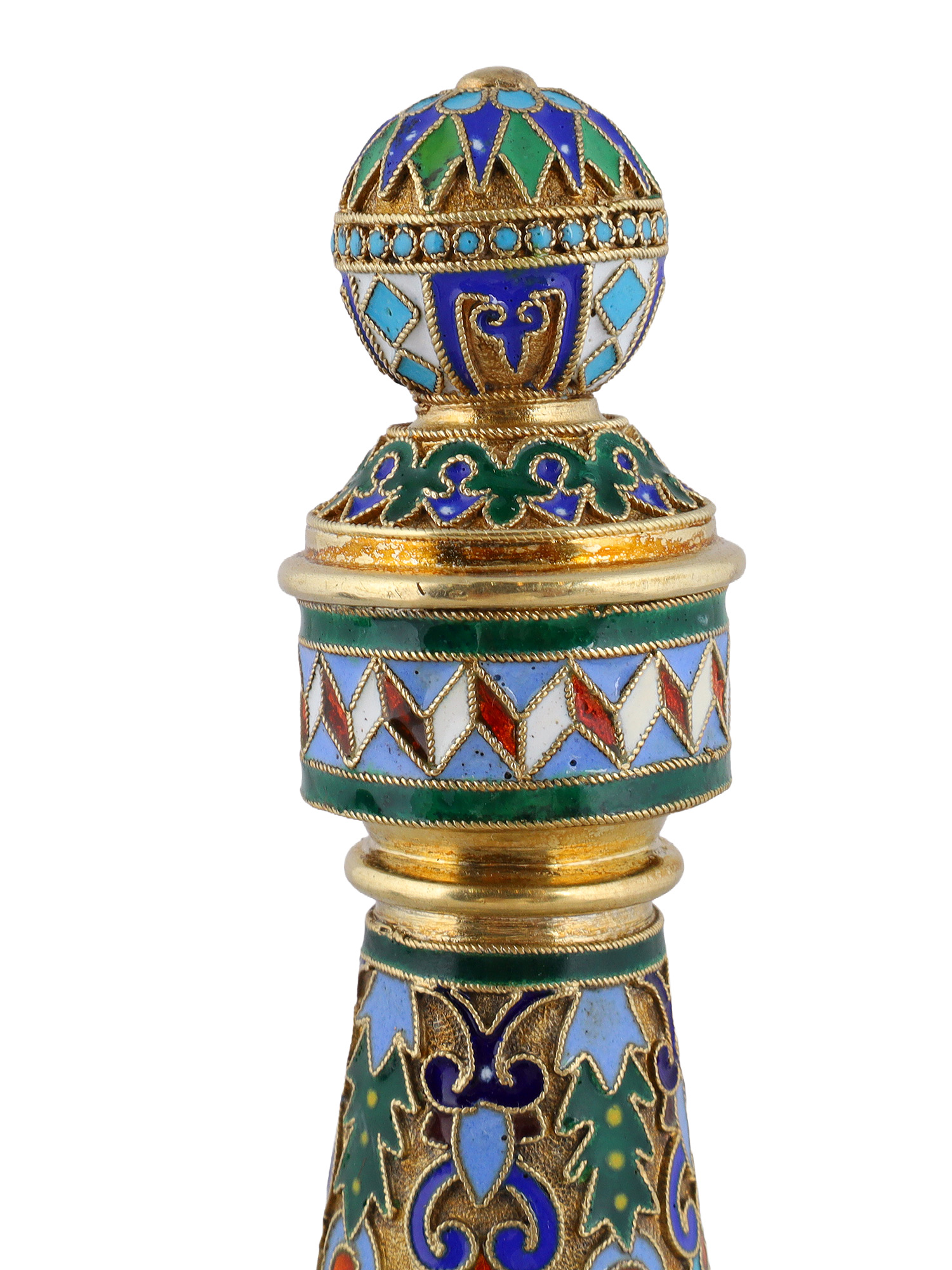 A RUSSIAN GILT SILVER AND CLOISONNE ENAMEL LIDDED BOTTLE, 1879