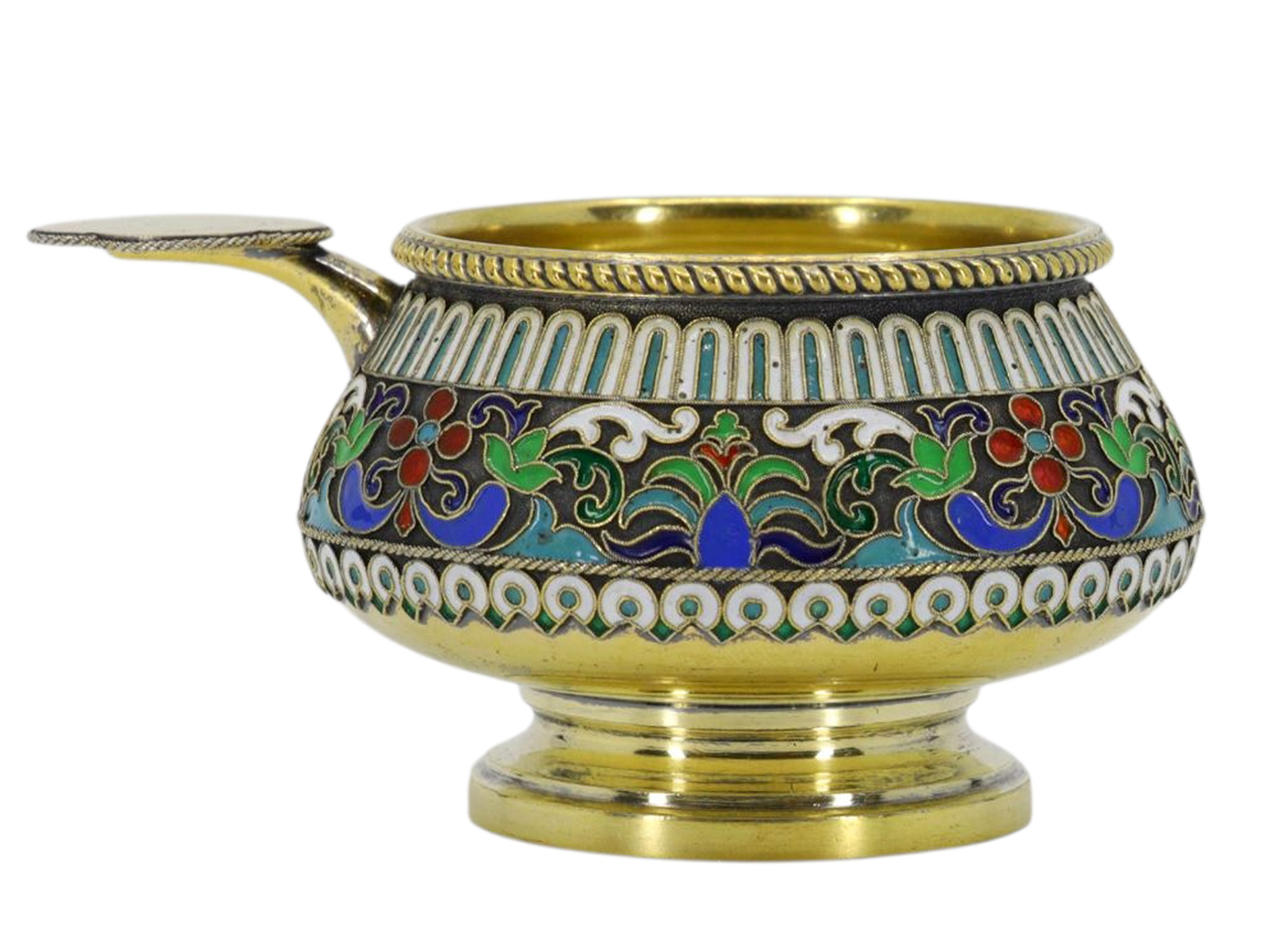 A RUSSIAN GILT-SILVER CLOISONNÉ ENAMEL CHARKA, KHLEBNIKOV, 1874