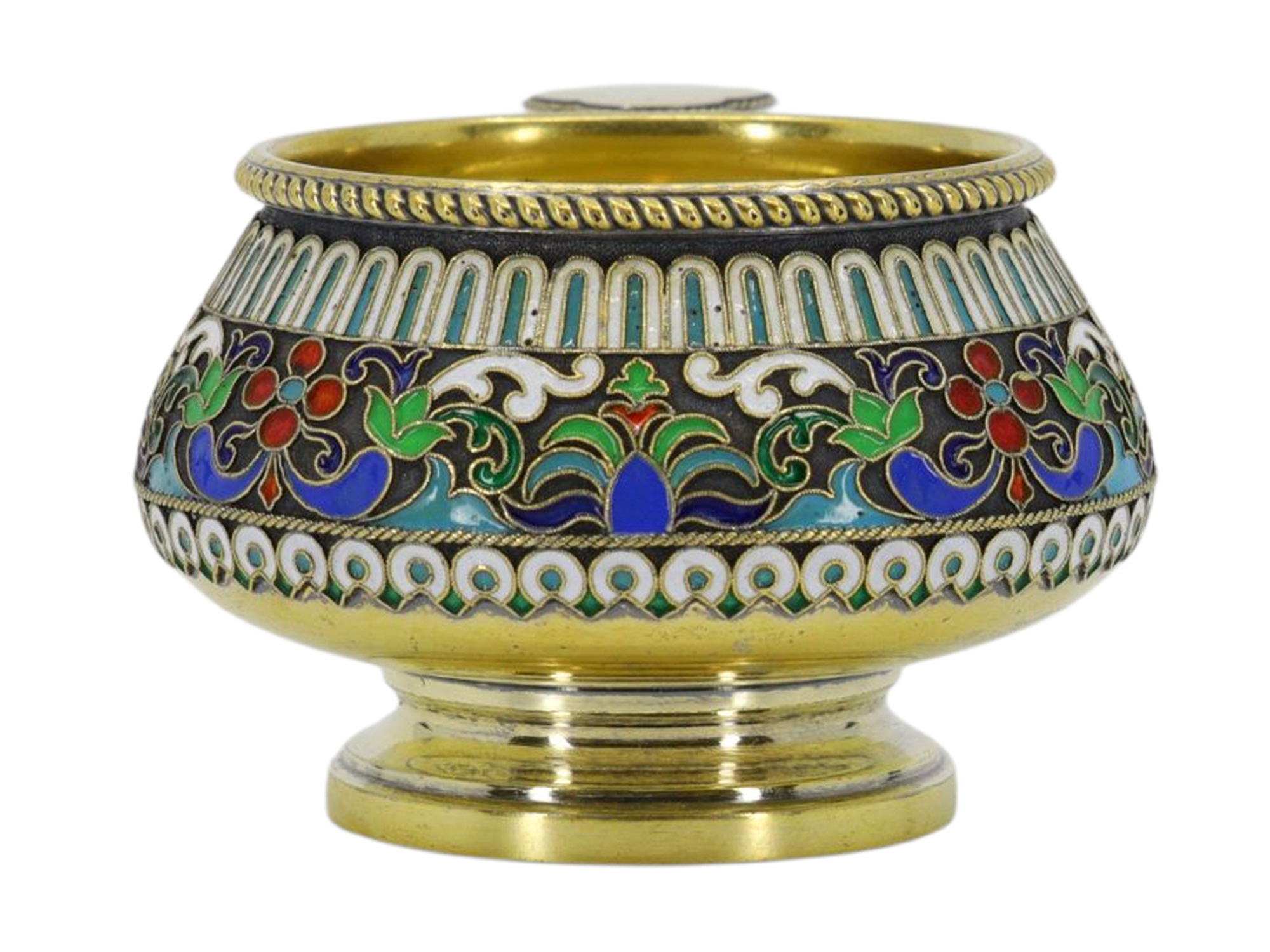 A RUSSIAN GILT-SILVER CLOISONNÉ ENAMEL CHARKA, KHLEBNIKOV, 1874