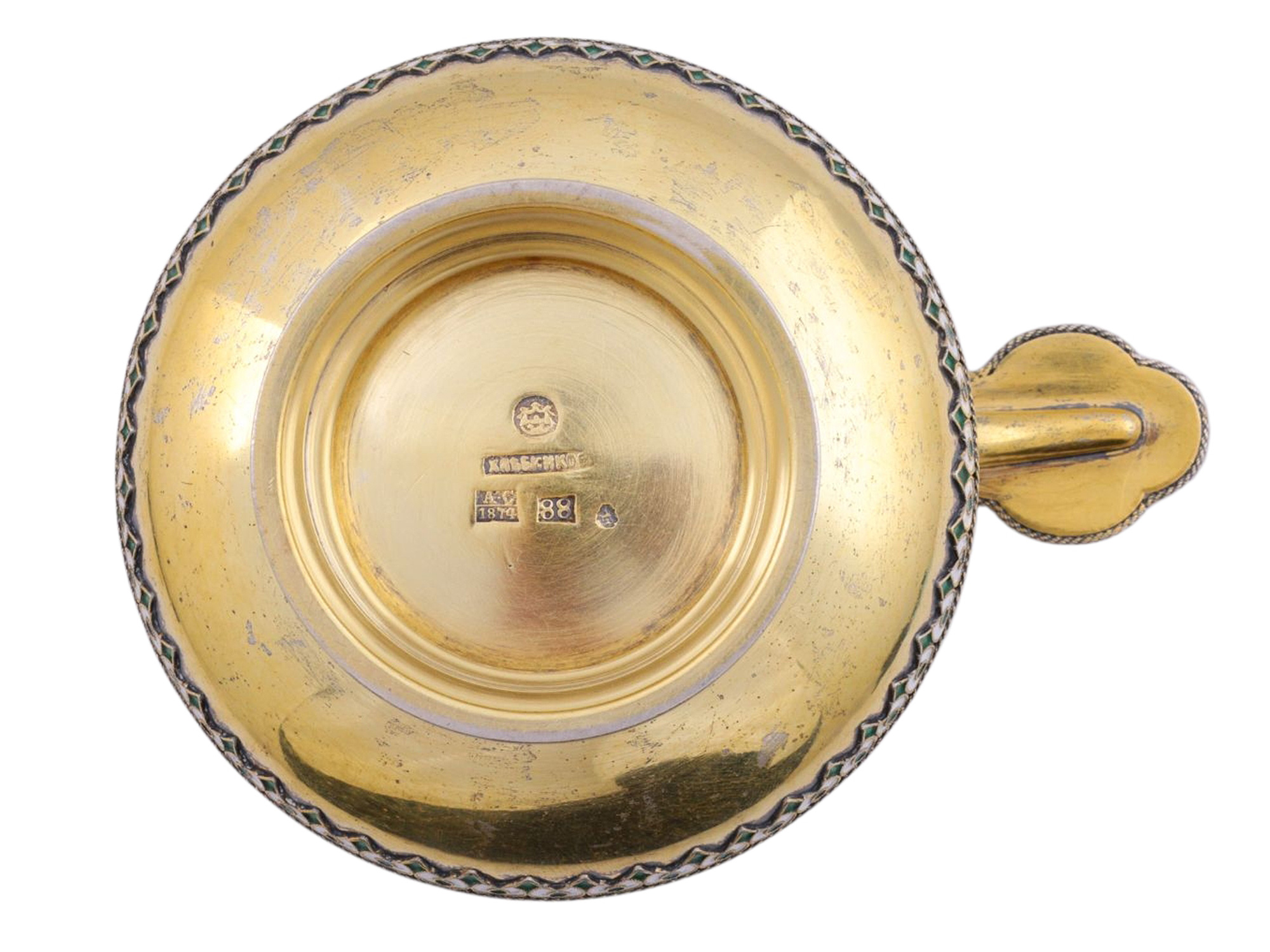 A RUSSIAN GILT-SILVER CLOISONNÉ ENAMEL CHARKA, KHLEBNIKOV, 1874