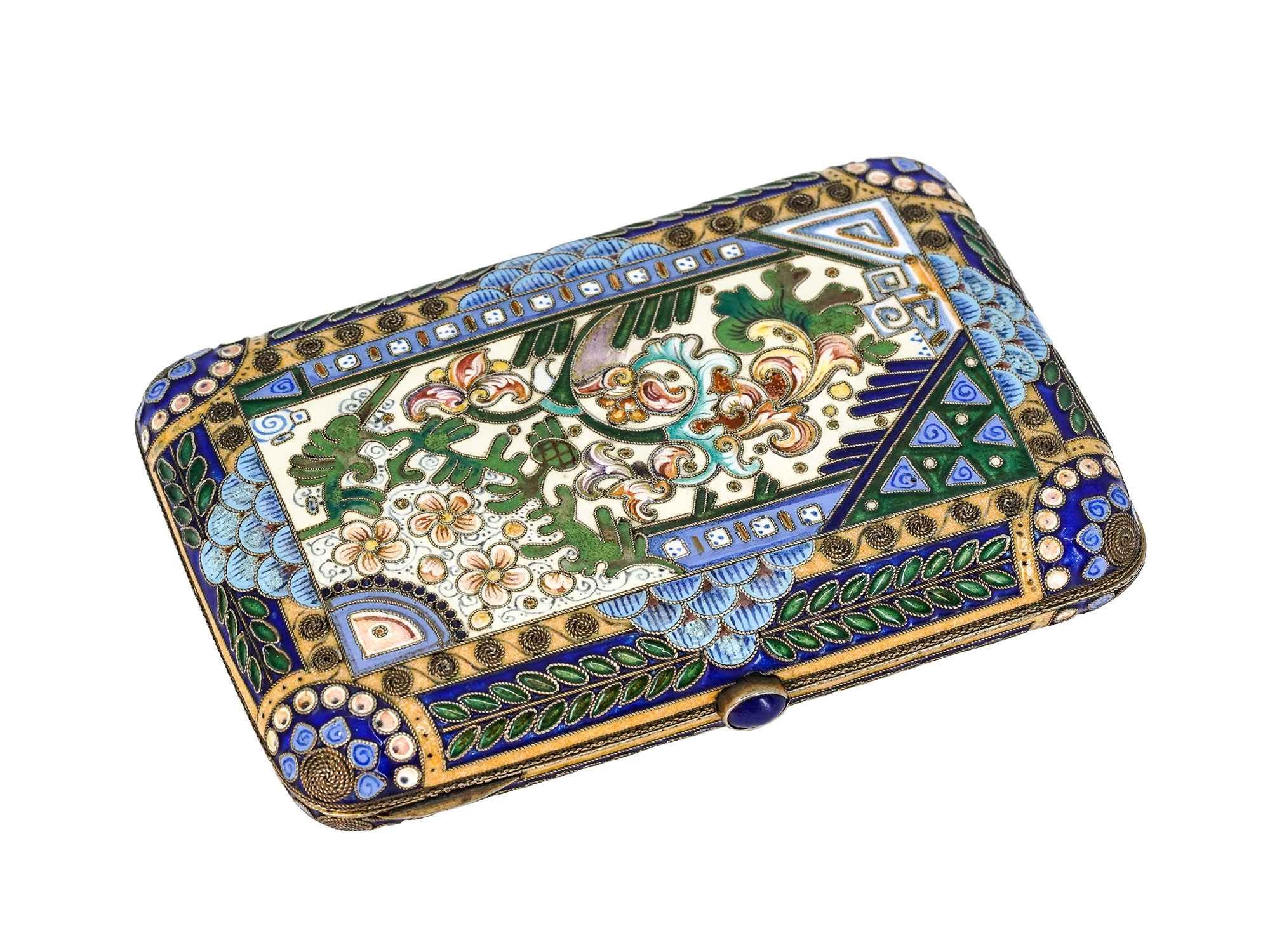 A RUSSIAN SILVER CLOISONNE ENAMEL CIGARETTE CASE, 1908-1917