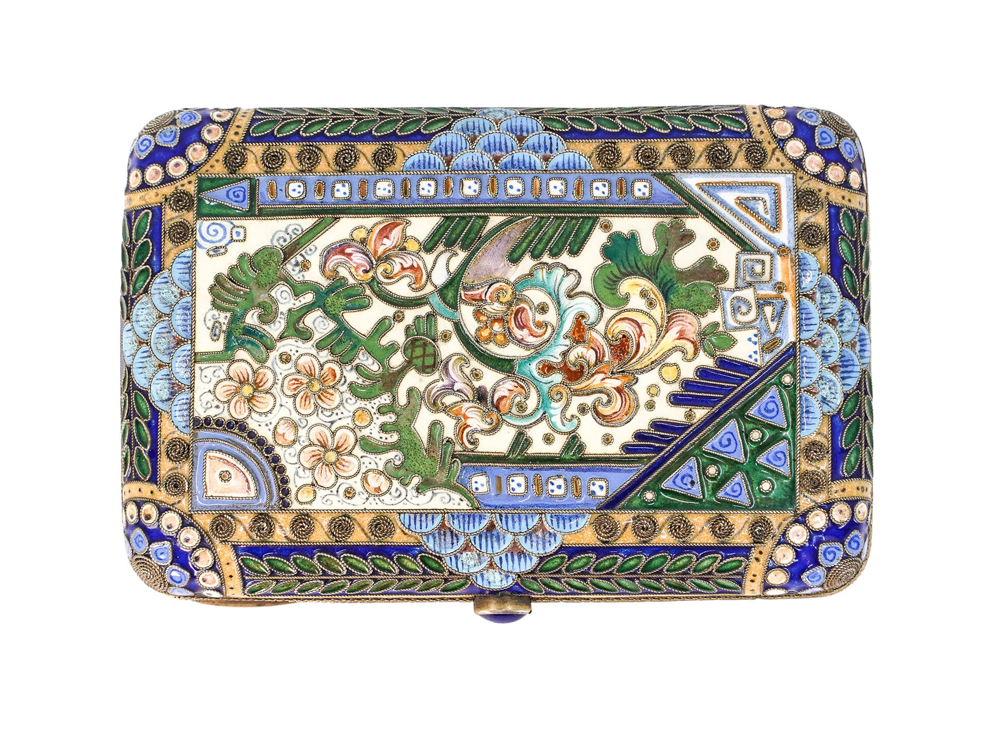 A RUSSIAN SILVER CLOISONNE ENAMEL CIGARETTE CASE, 1908-1917
