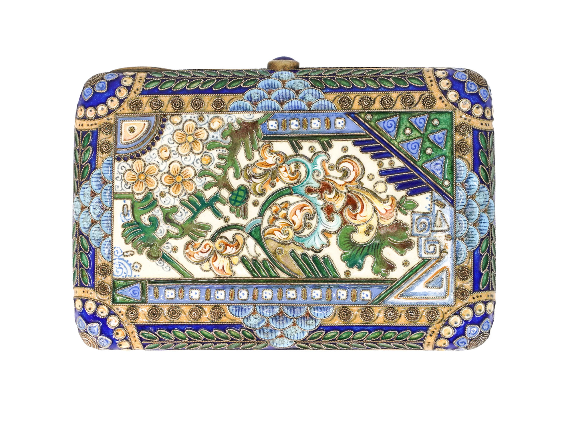 A RUSSIAN SILVER CLOISONNE ENAMEL CIGARETTE CASE, 1908-1917