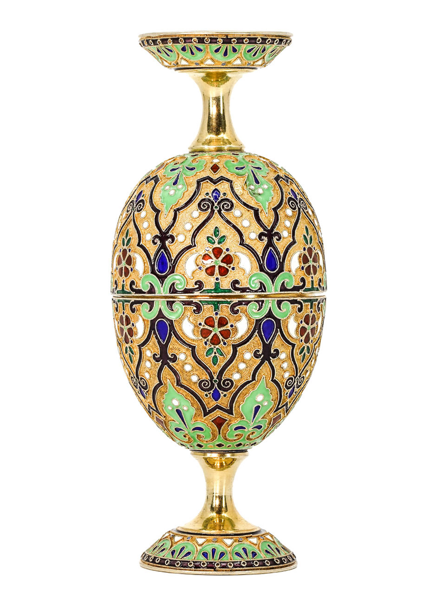 A RUSSIAN SILVER-GILT AND CLOISONNE ENAMEL EGG, 1908-17