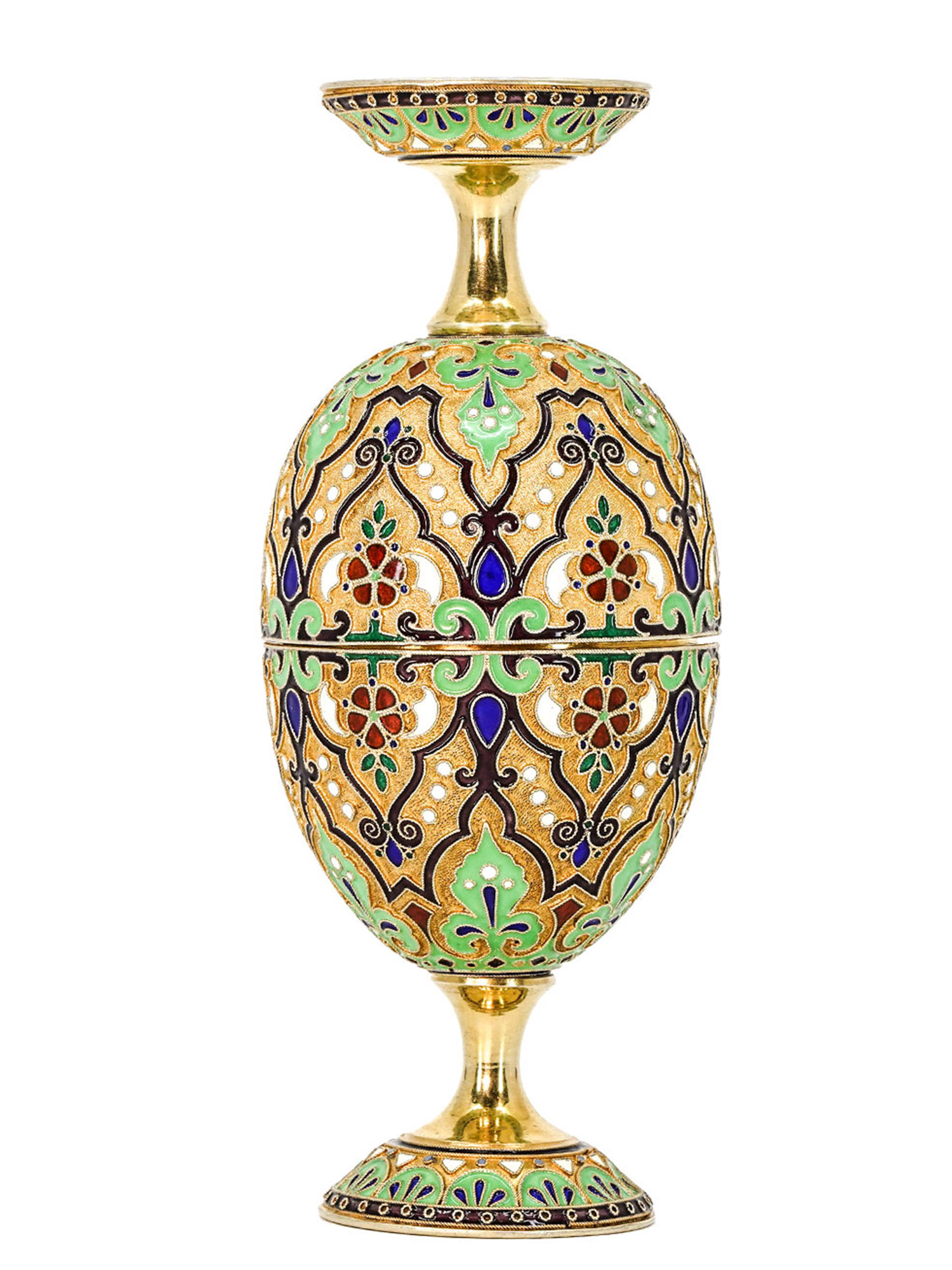A RUSSIAN SILVER-GILT AND CLOISONNE ENAMEL EGG, 1908-17