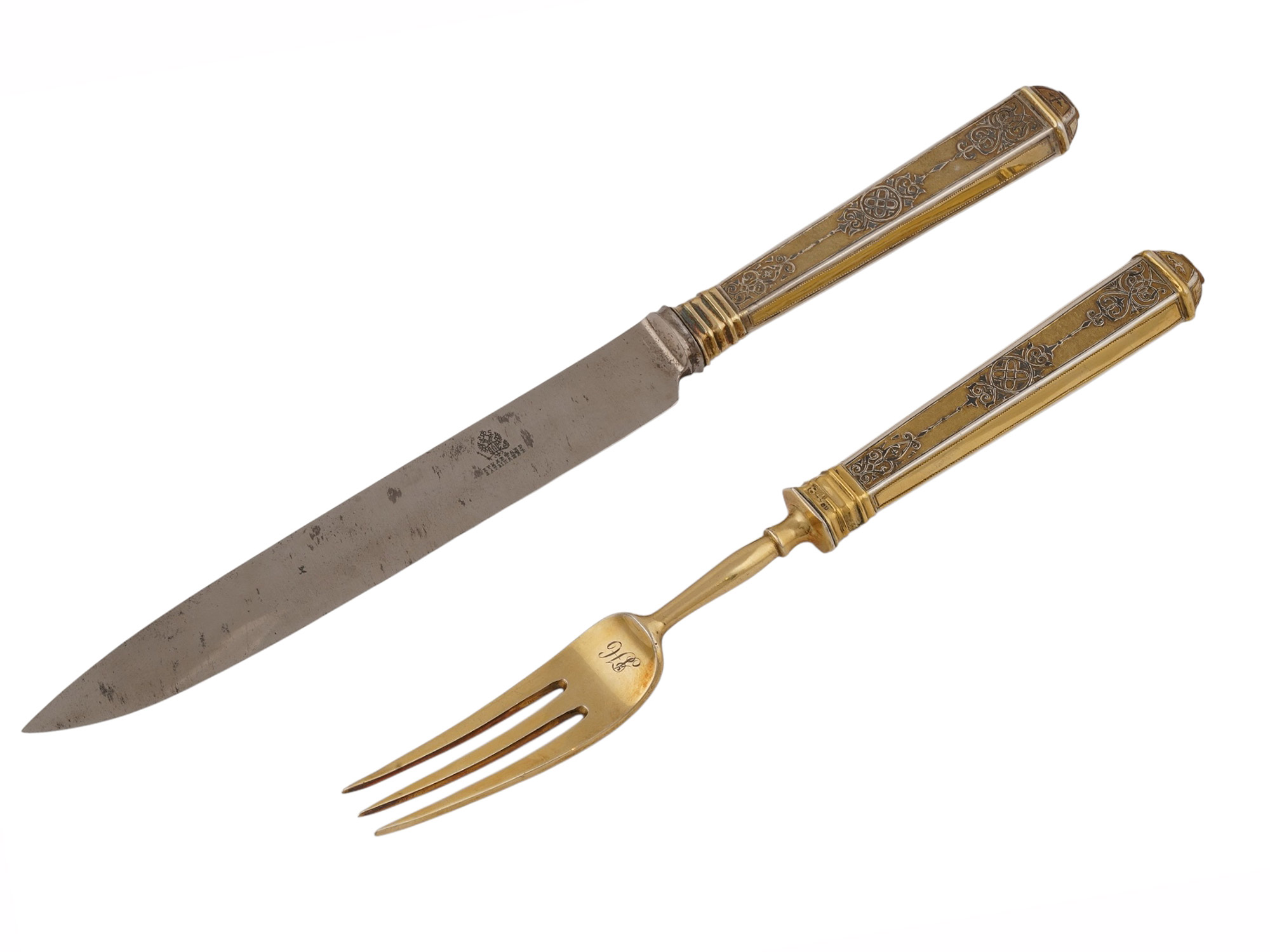 A RUSSIAN CASED SILVER-GILT AND NIELLO TABLEWARE SET, PAVEL OVCHINNIKOV, MOSCOW, 1868