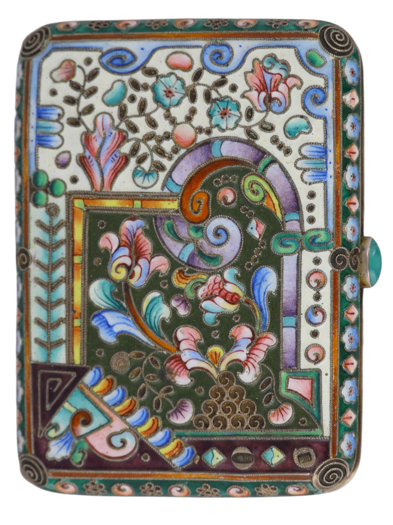 A RUSSIAN CLOISONNÉ ENAMEL GILT-SILVER CIGARETTE CASE