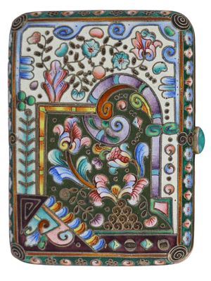 A RUSSIAN CLOISONN&Eacute; ENAMEL GILT-SILVER CIGARETTE CASE. Of rectangular form with rounded corners 
