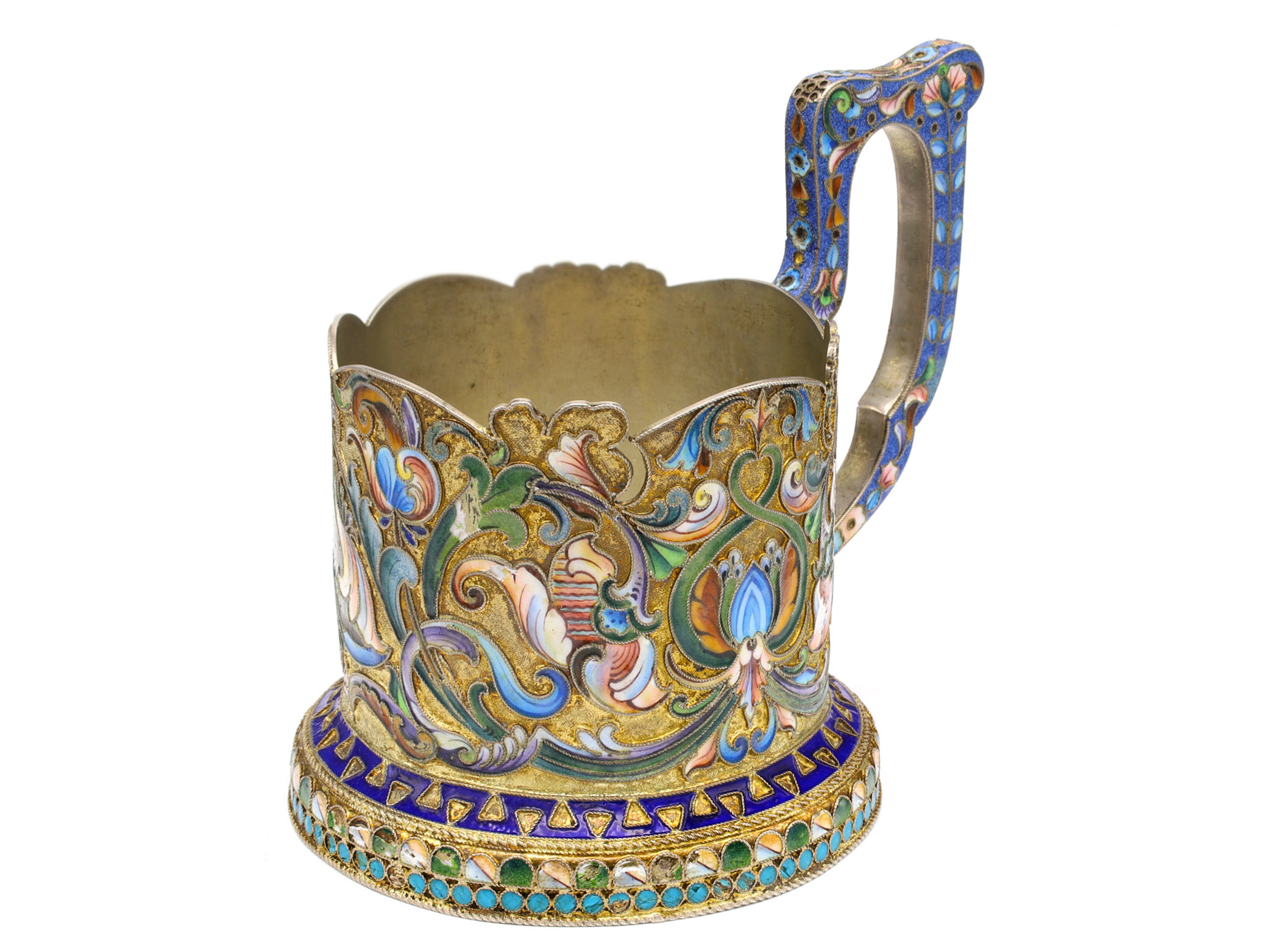 A RUSSIAN PARCEL-GILT-SILVER AND CLOISONNE ENAMEL TEA GLASS HOLDER