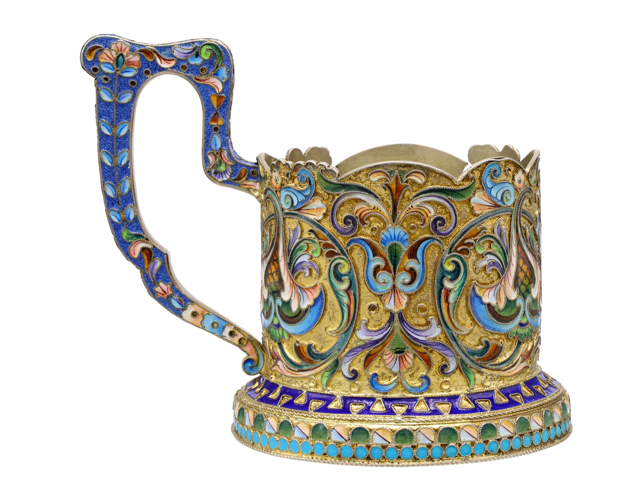 A RUSSIAN PARCEL-GILT-SILVER AND CLOISONNE ENAMEL TEA GLASS HOLDER