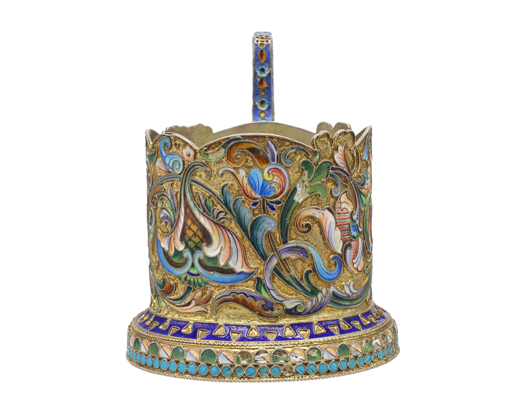 A RUSSIAN PARCEL-GILT-SILVER AND CLOISONNE ENAMEL TEA GLASS HOLDER
