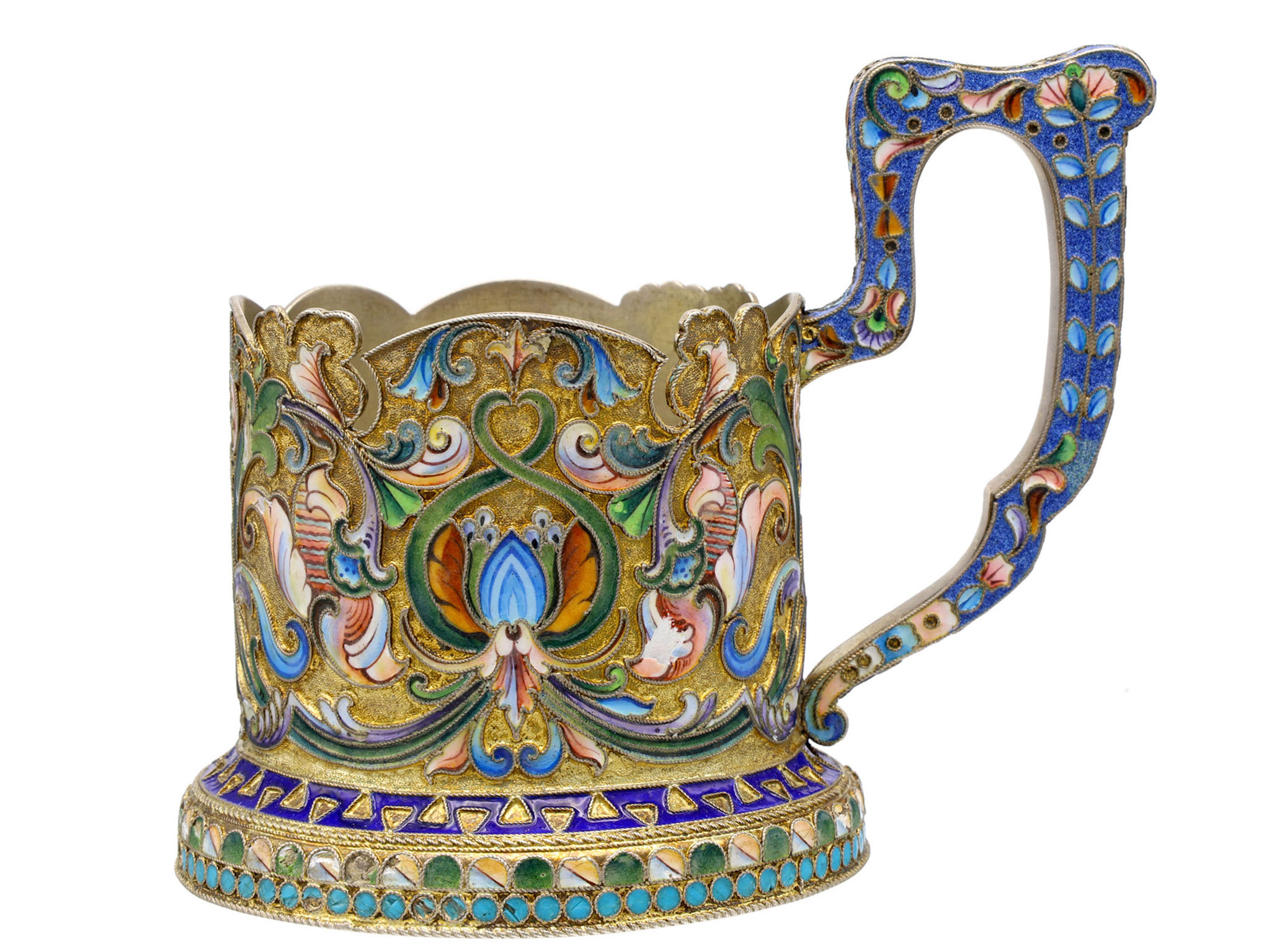 A RUSSIAN PARCEL-GILT-SILVER AND CLOISONNE ENAMEL TEA GLASS HOLDER