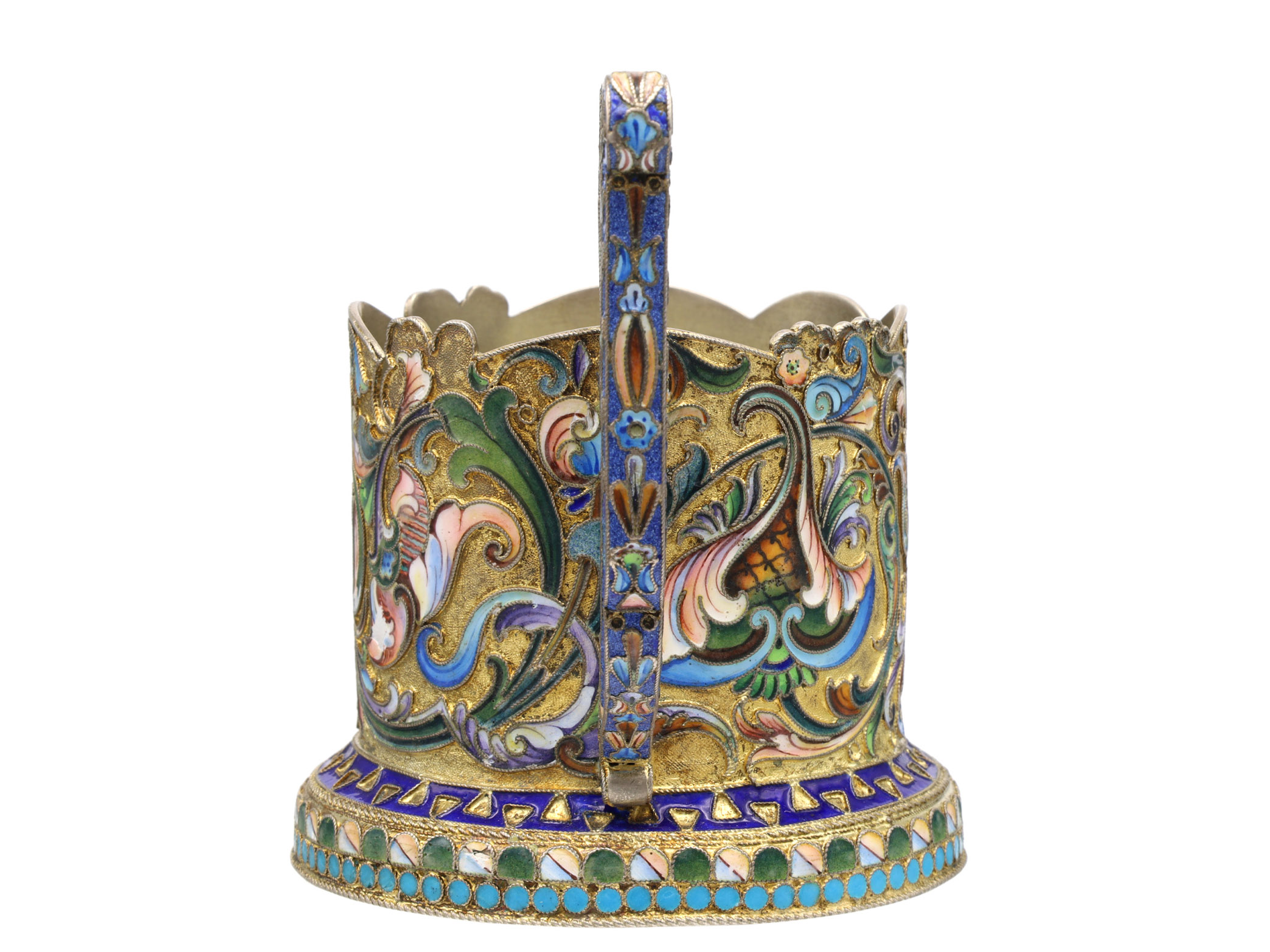 A RUSSIAN PARCEL-GILT-SILVER AND CLOISONNE ENAMEL TEA GLASS HOLDER