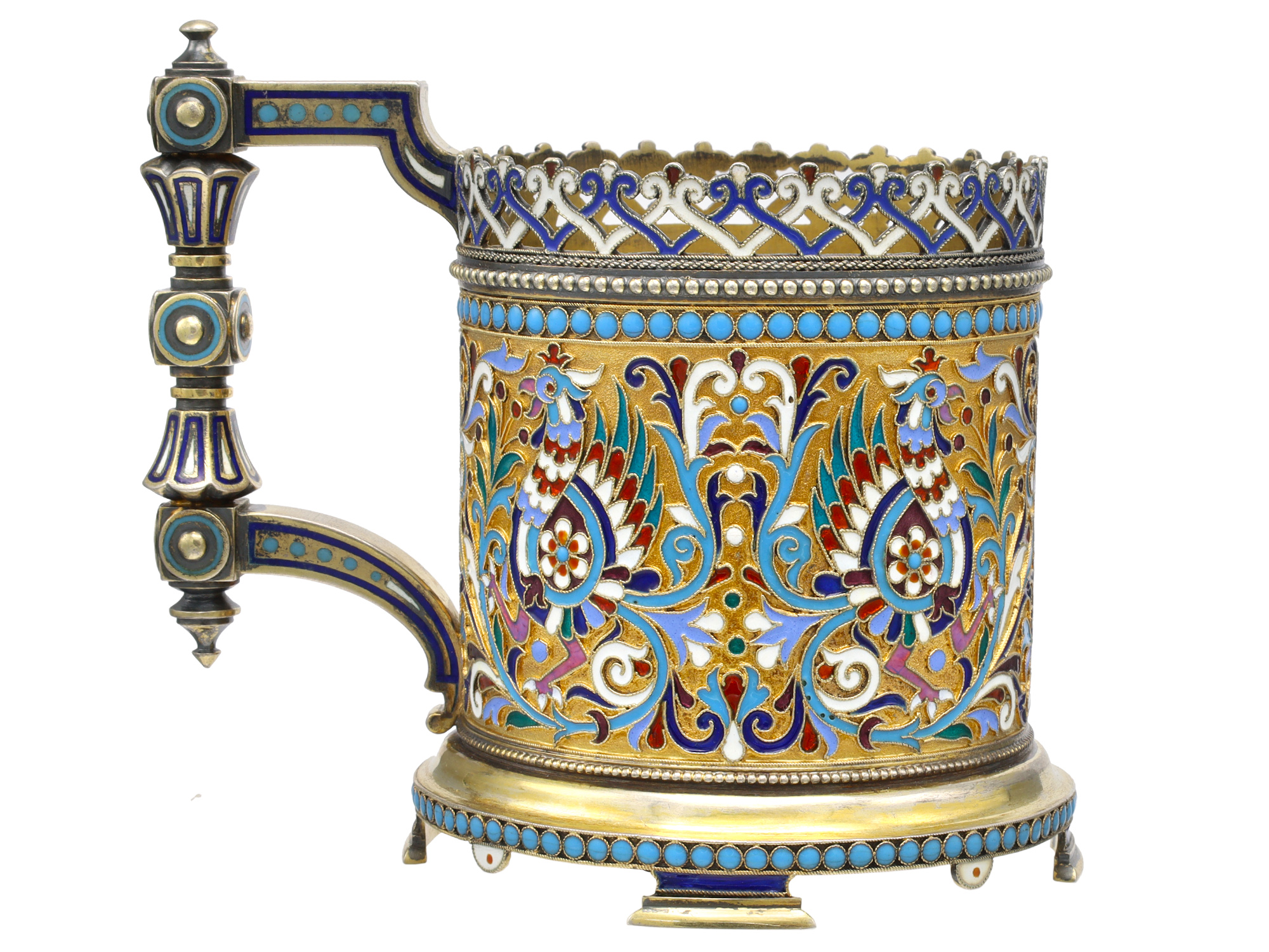A RUSSIAN PARCEL-GILT SILVER AND CLOISONNÉ ENAMEL TEA GLASS HOLDER