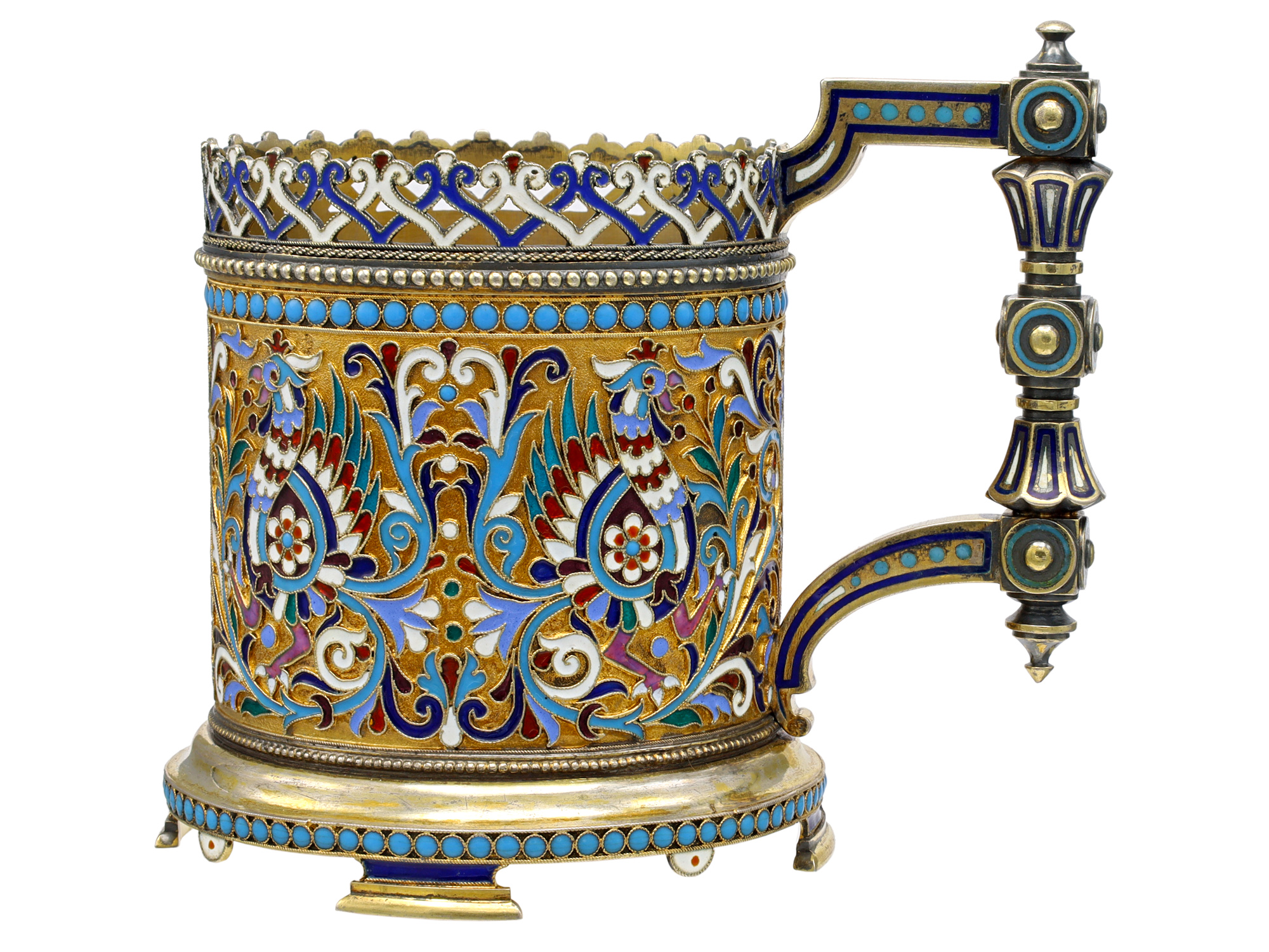 A RUSSIAN PARCEL-GILT SILVER AND CLOISONNÉ ENAMEL TEA GLASS HOLDER
