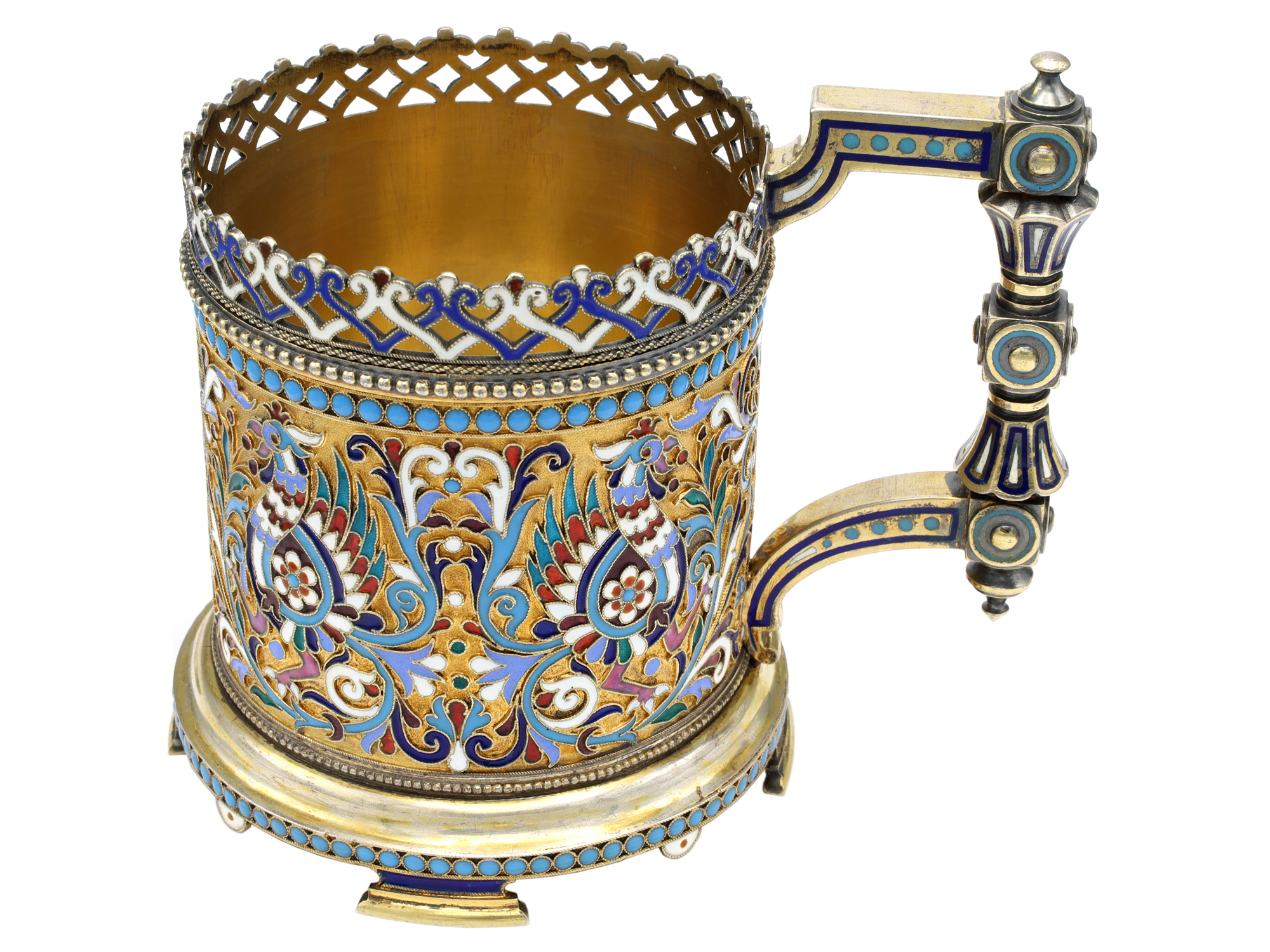 A RUSSIAN PARCEL-GILT SILVER AND CLOISONNÉ ENAMEL TEA GLASS HOLDER