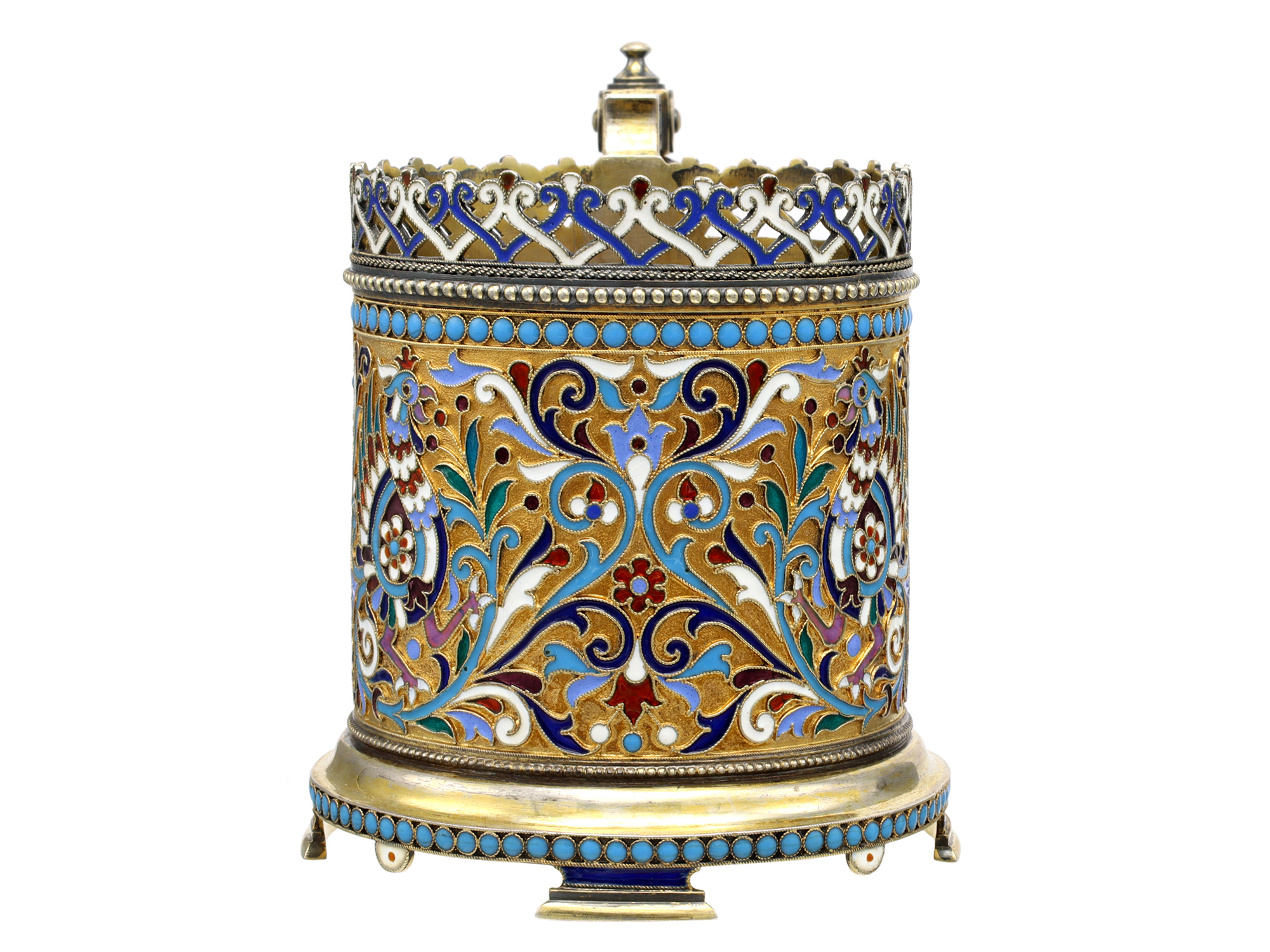 A RUSSIAN PARCEL-GILT SILVER AND CLOISONNÉ ENAMEL TEA GLASS HOLDER