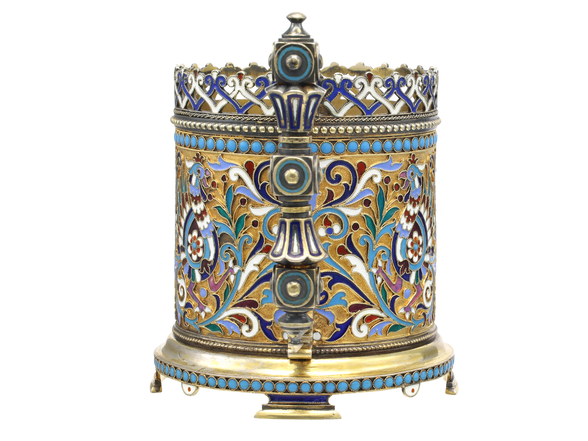A RUSSIAN PARCEL-GILT SILVER AND CLOISONNÉ ENAMEL TEA GLASS HOLDER