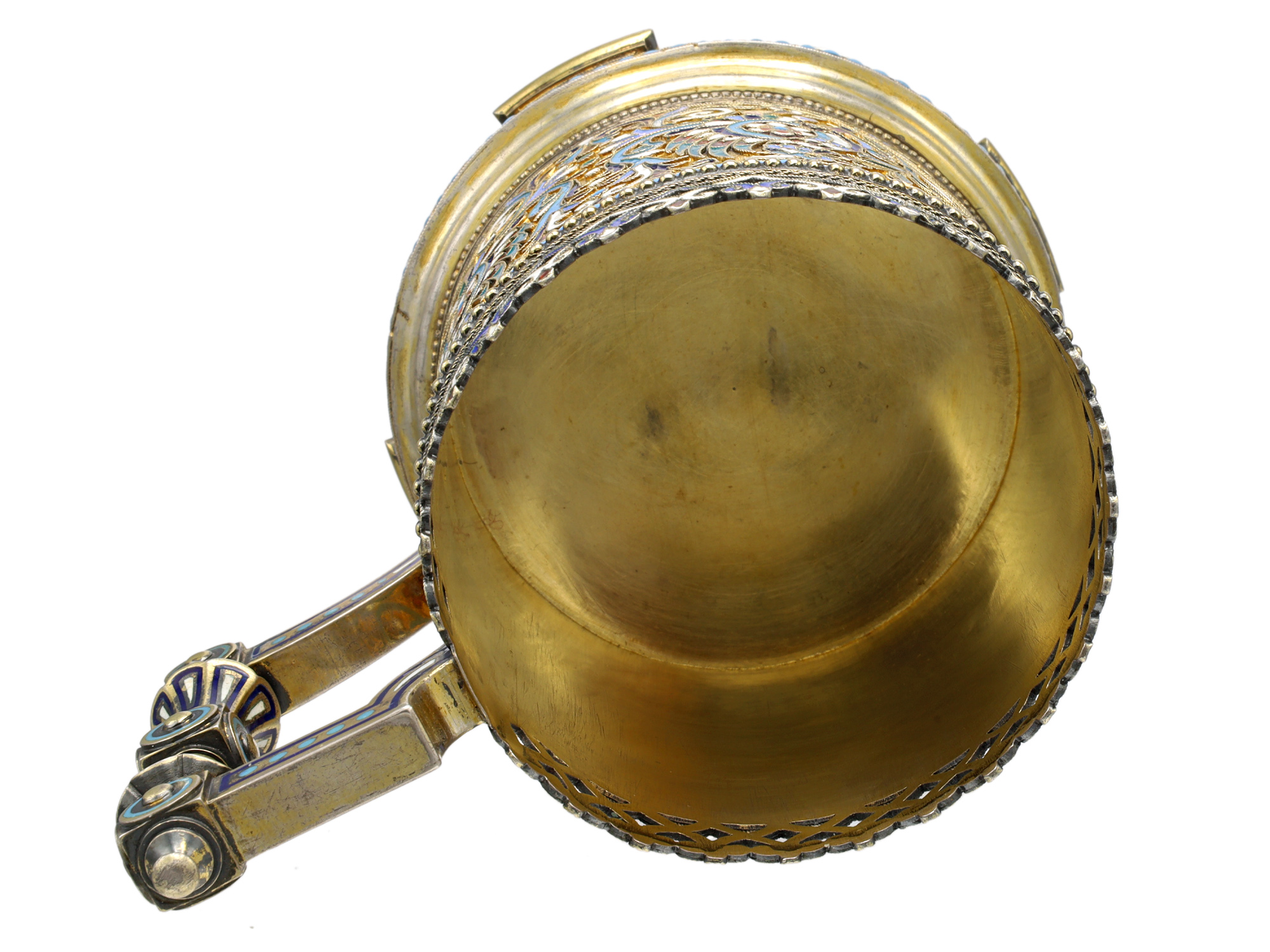 A RUSSIAN PARCEL-GILT SILVER AND CLOISONNÉ ENAMEL TEA GLASS HOLDER