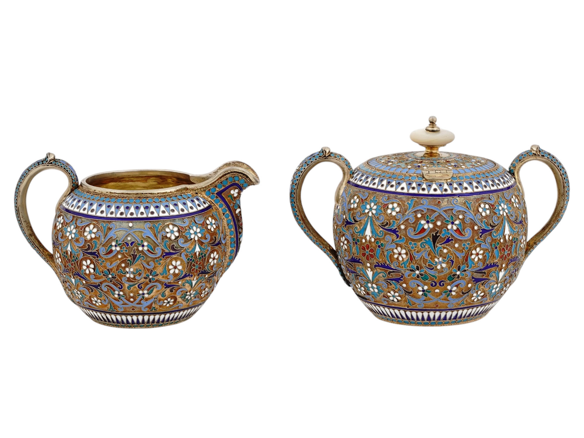 A RUSSIAN GILT-SILVER AND CLOISONNE ENAMEL 2-PC. COFFEE SET, 1894