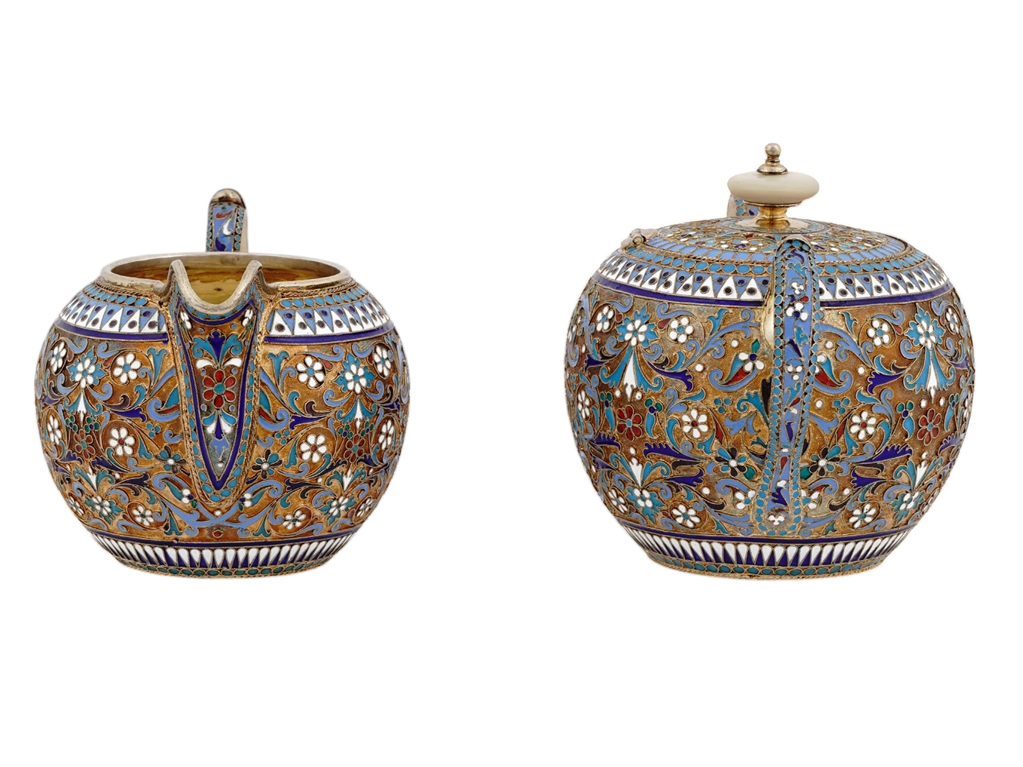 A RUSSIAN GILT-SILVER AND CLOISONNE ENAMEL 2-PC. COFFEE SET, 1894