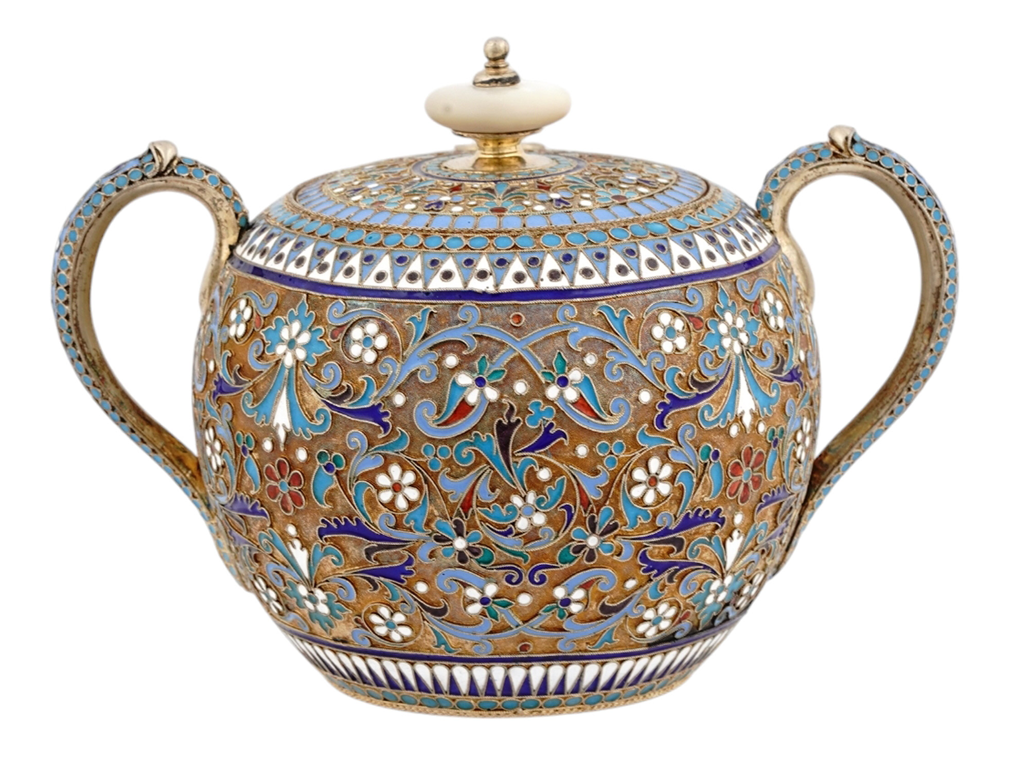 A RUSSIAN GILT-SILVER AND CLOISONNE ENAMEL 2-PC. COFFEE SET, 1894